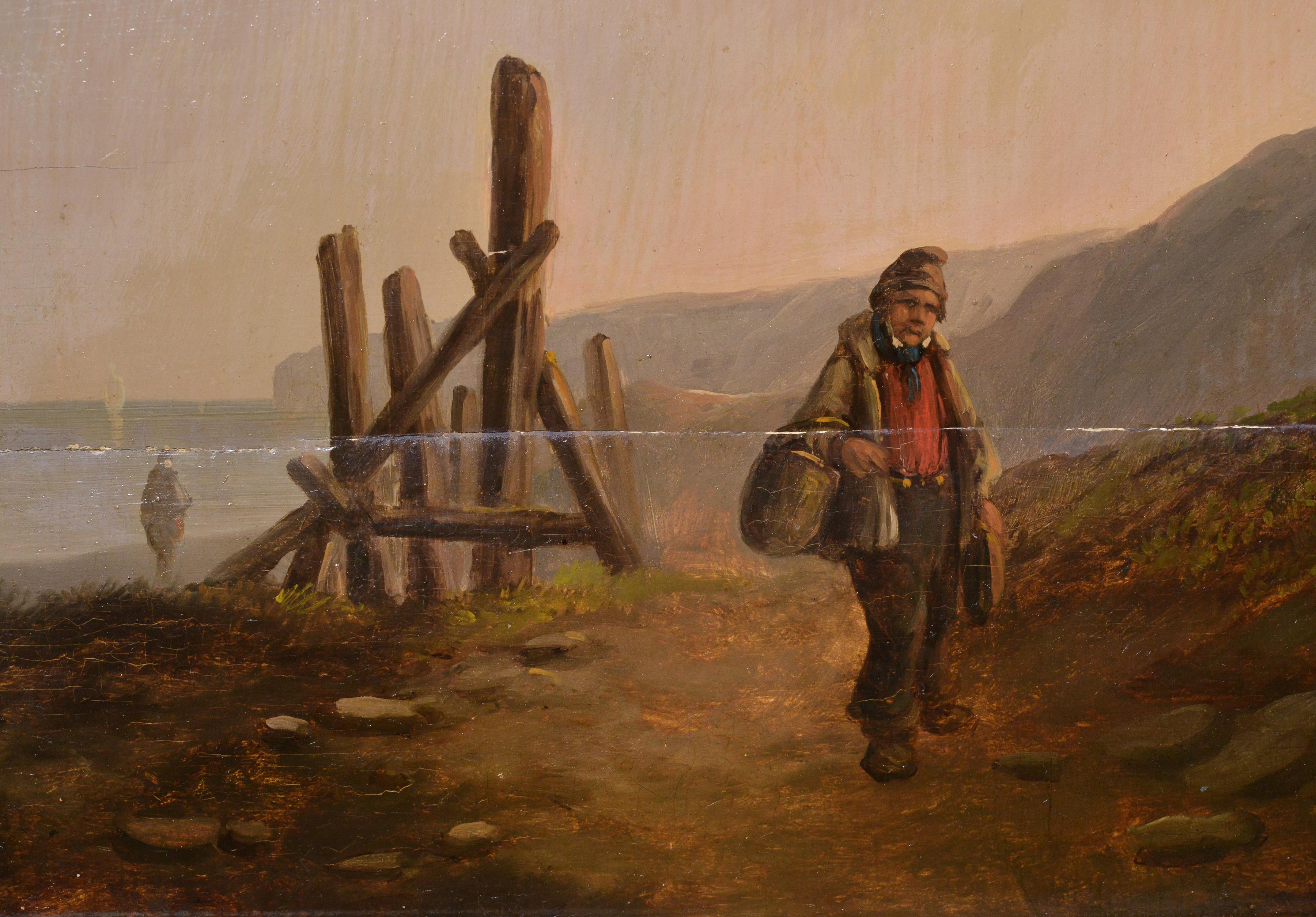 Huile sur panneau de bois du XIXe siècle Paysage côtier britannique Pêcheur Voiles lointaines - Réalisme Painting par Unknown