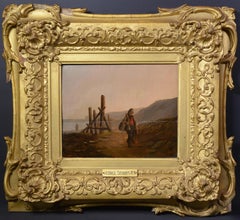 Huile sur panneau de bois du XIXe siècle Paysage côtier britannique Pêcheur Voiles lointaines