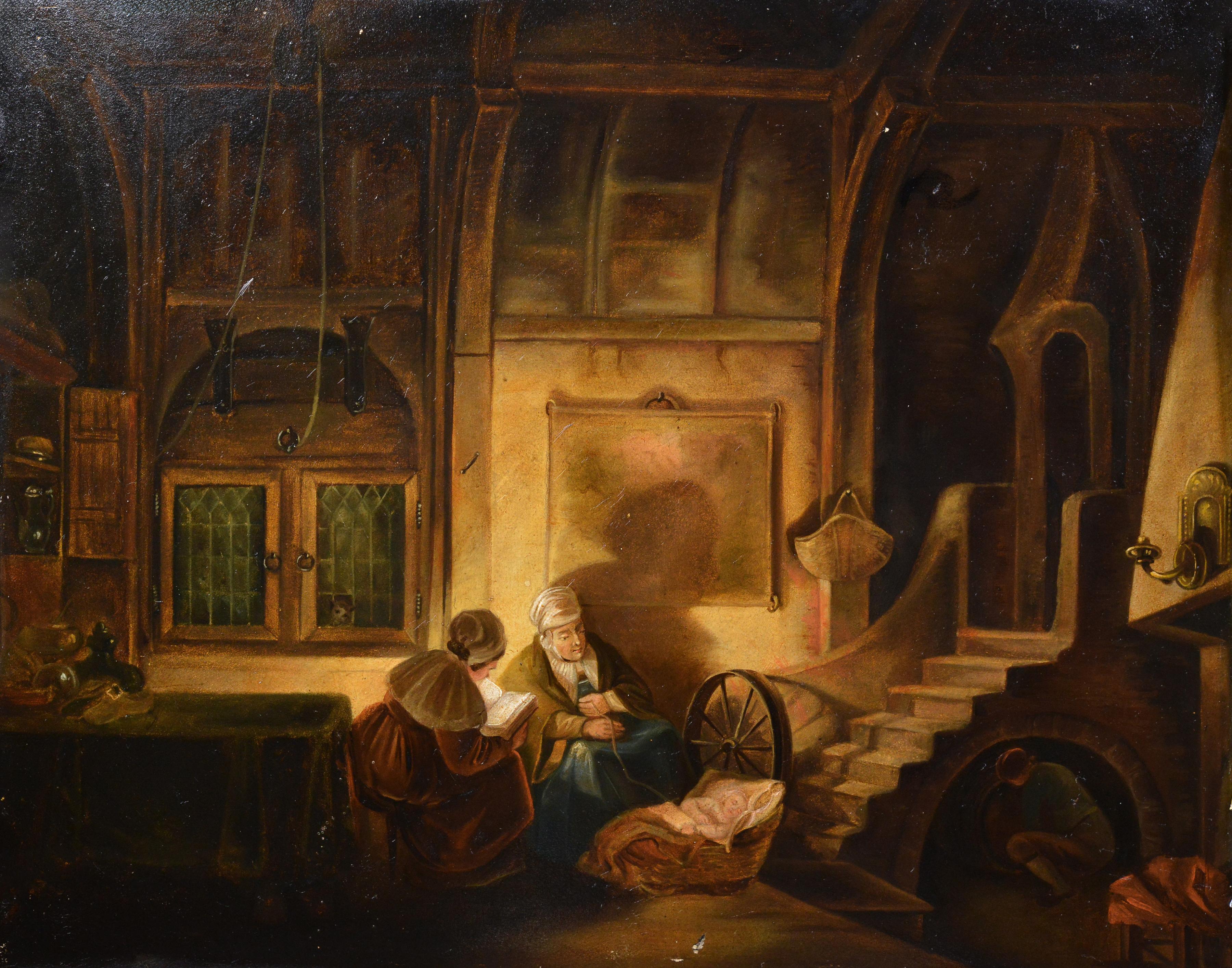 Peinture à l'huile du 19e siècle A.I.C. XVIIe siècle Scène de genre intérieure Histoire de l'heure du coucher Encadré et doré - Painting de Unknown