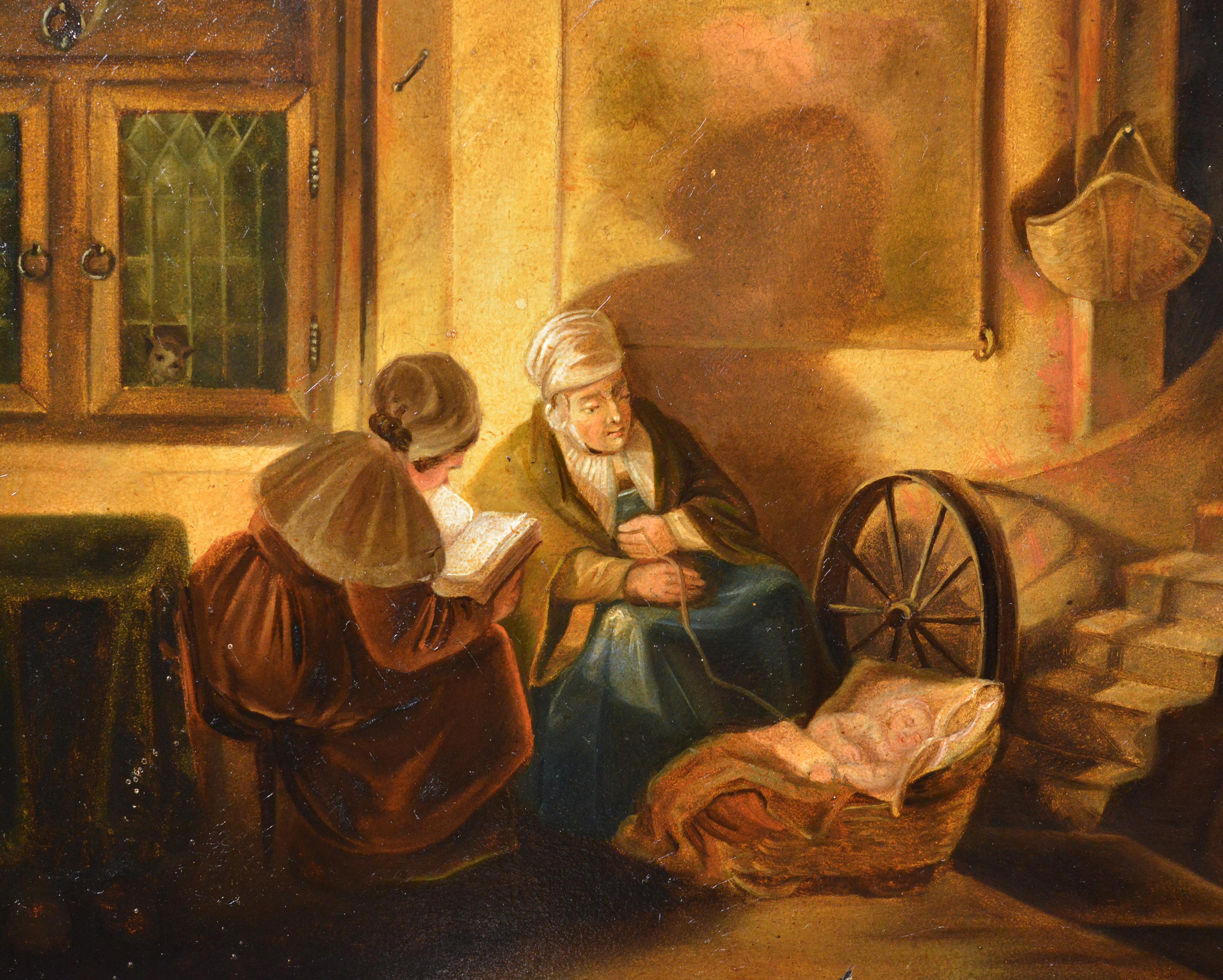 Peinture à l'huile du 19e siècle A.I.C. XVIIe siècle Scène de genre intérieure Histoire de l'heure du coucher Encadré et doré - Réalisme Painting par Unknown