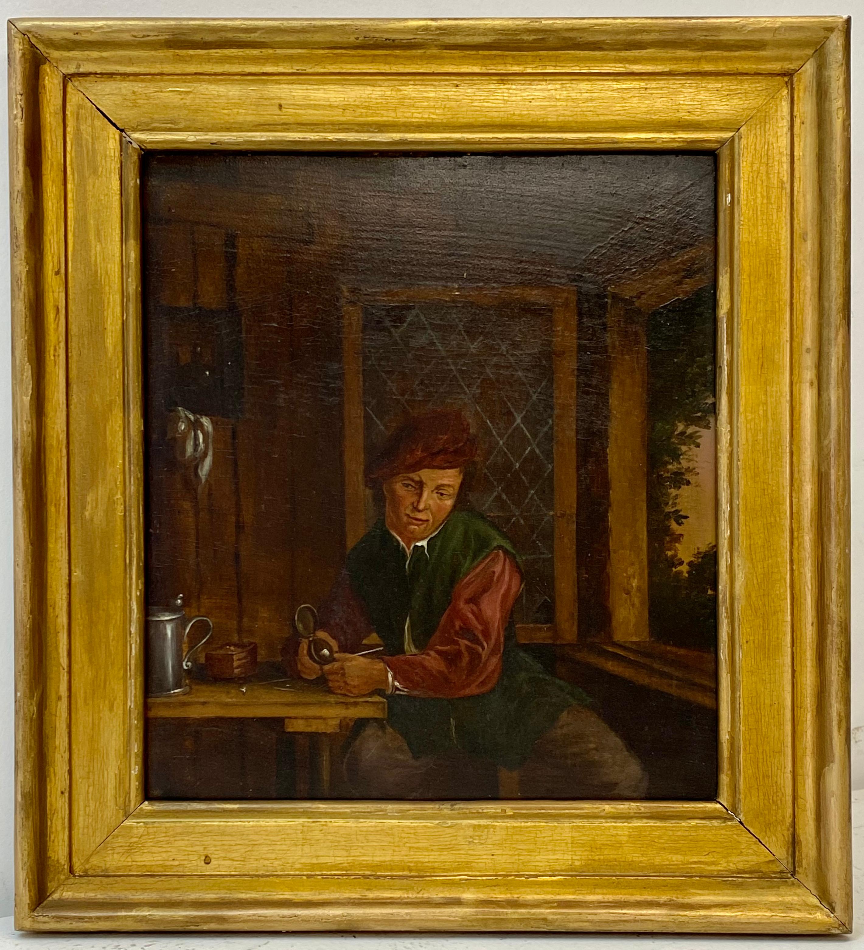 Unknown Interior Painting - 19th Century Oil Painting Man W/ Pipe