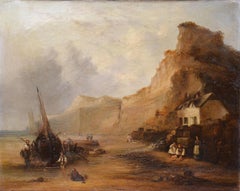 19th Century Oil Painting Sussex Coast Fishermen Returning Maritime Scene