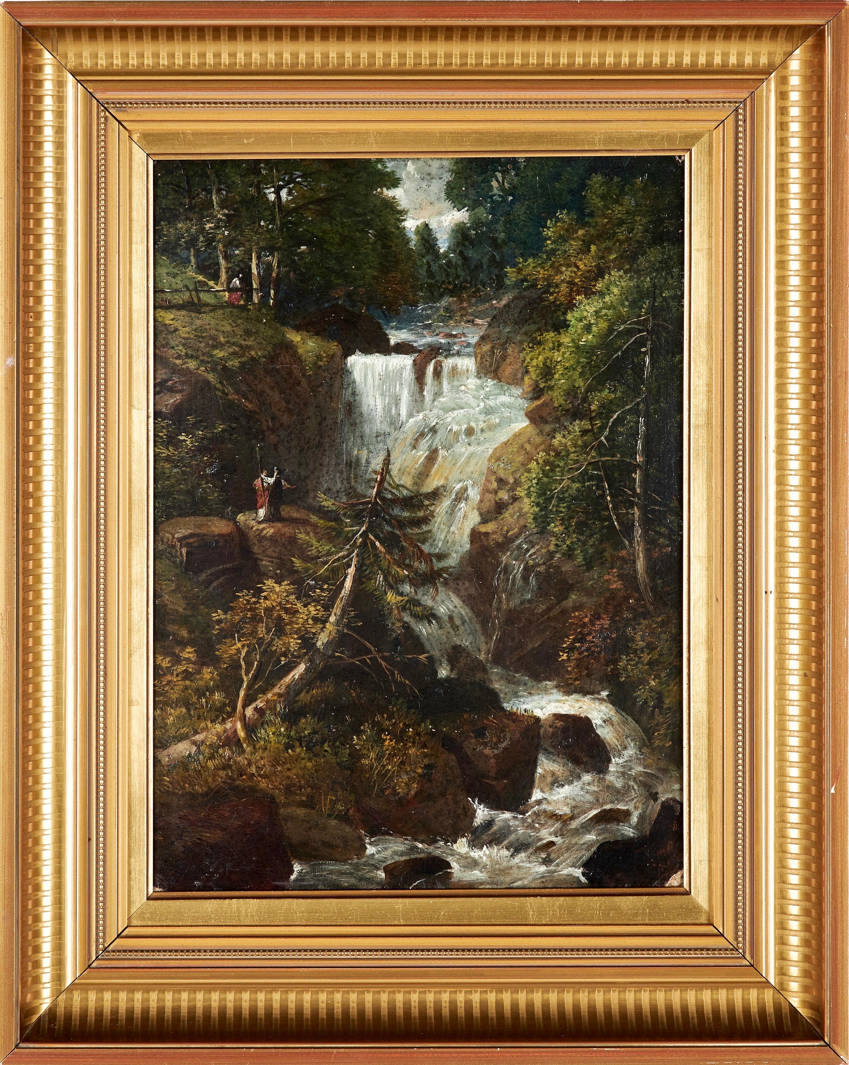 Unknown Figurative Painting – Ölgemälde des 19. Jahrhunderts – Die romantische Rückkehr zum Wasserfall – Liebe 