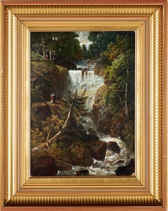 19th century oil painting - The romantic getaway to the waterfall - Love 