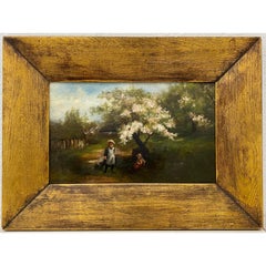 19th Century Oil Painting Two Girls Playing