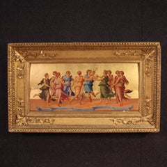 19th Century Oil Panel Italian Mythological Painting Apollo dancing with Muses
