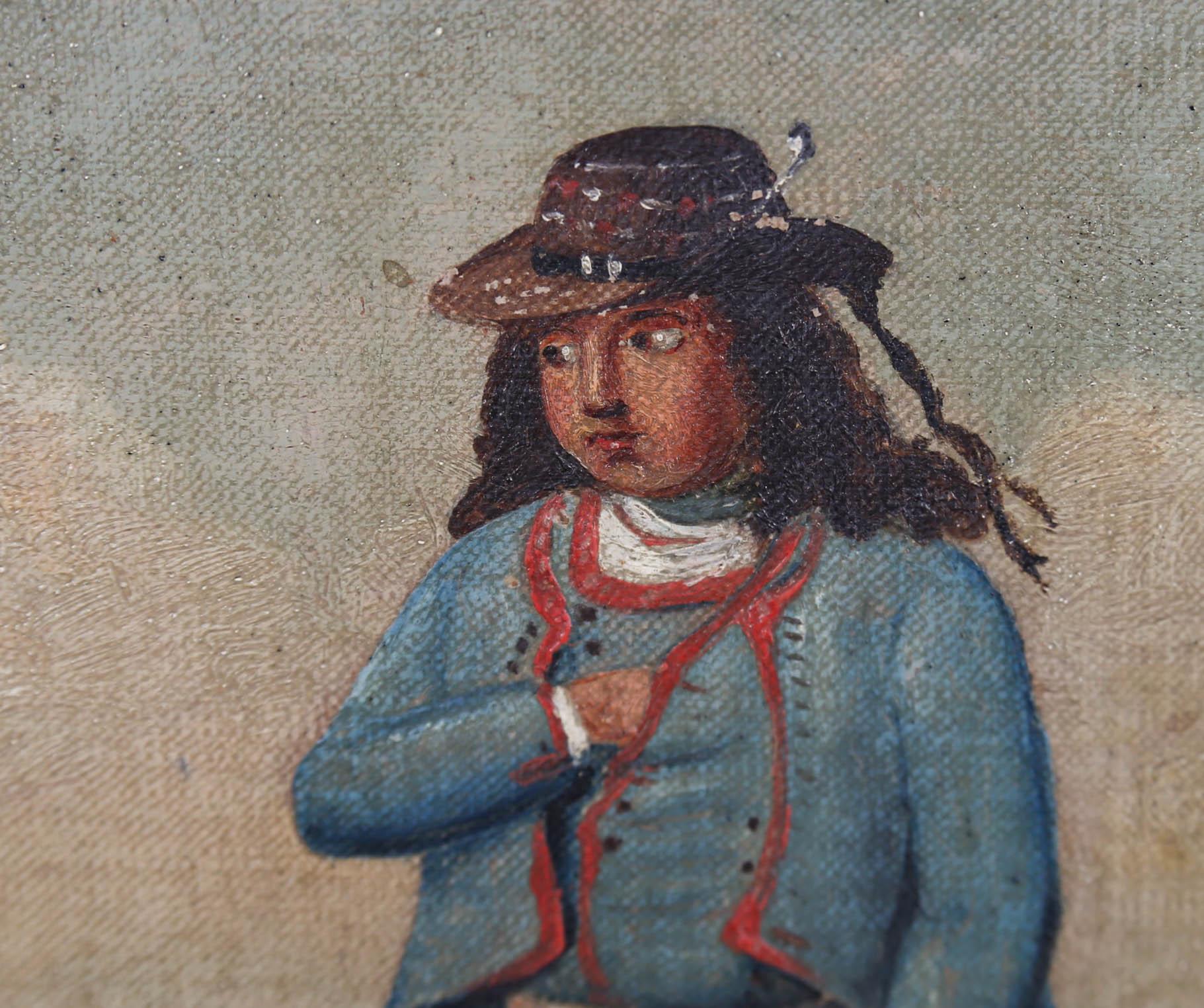 This delightful portrait depicts a peasant man dressed in blue bloomers and a lined jacket. The artist captures the man's features in a charmingly naïve folk style. He is presented before a mountain lake with a sailboat in the distance. Unsigned.