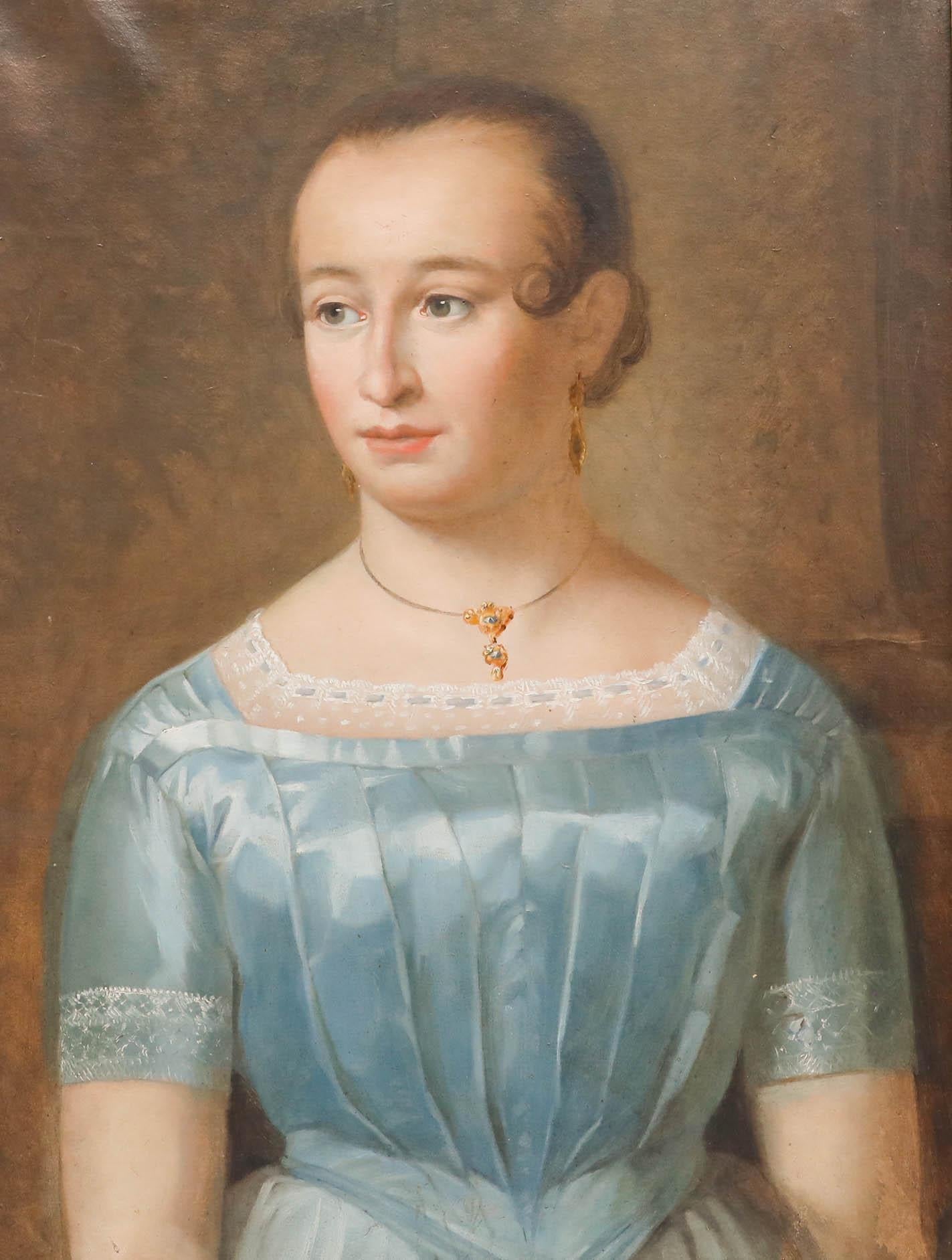 19th Century Oil - Portrait of a Lady in a Blue Dress - Painting by Unknown