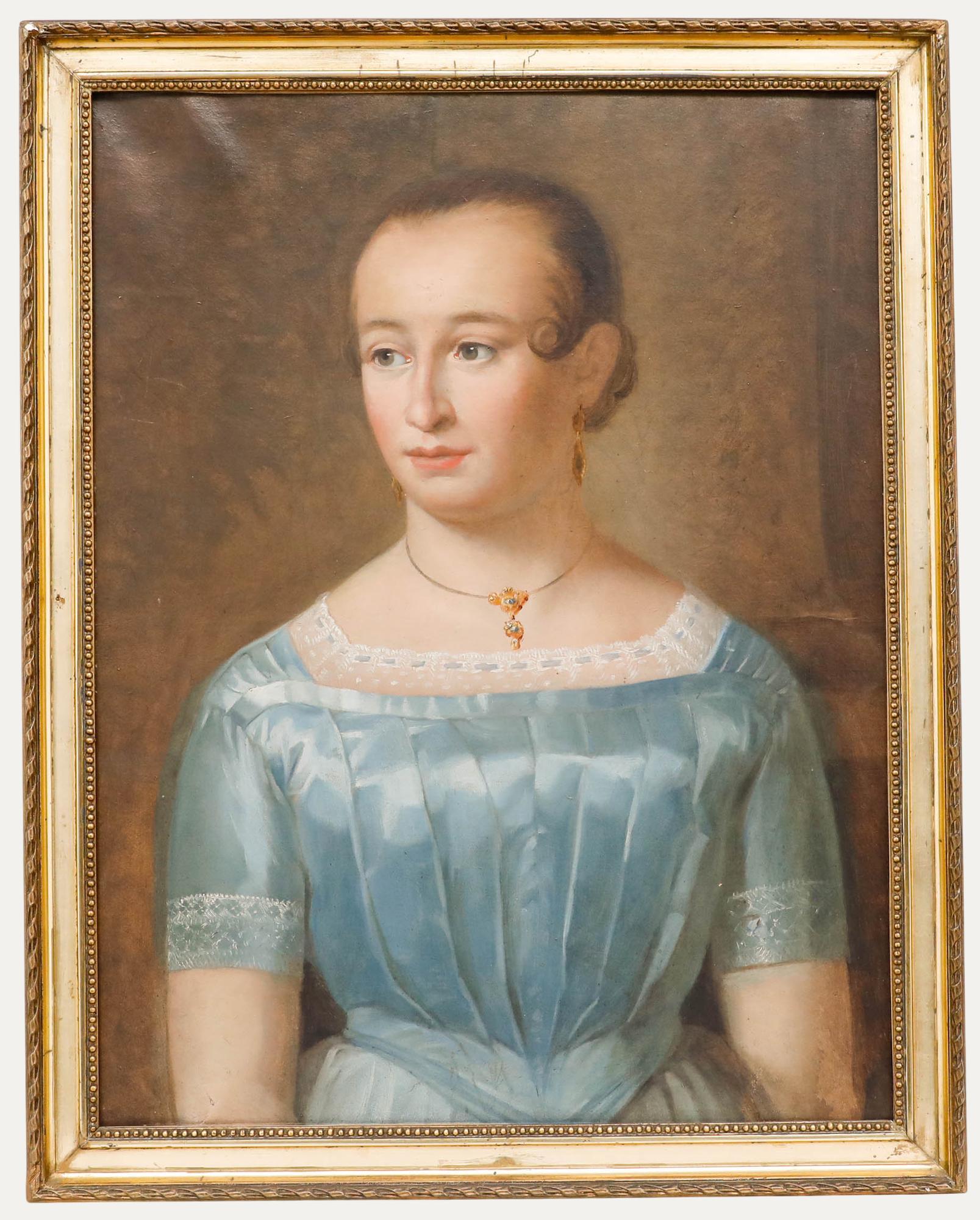 Unknown Portrait Painting - 19th Century Oil - Portrait of a Lady in a Blue Dress