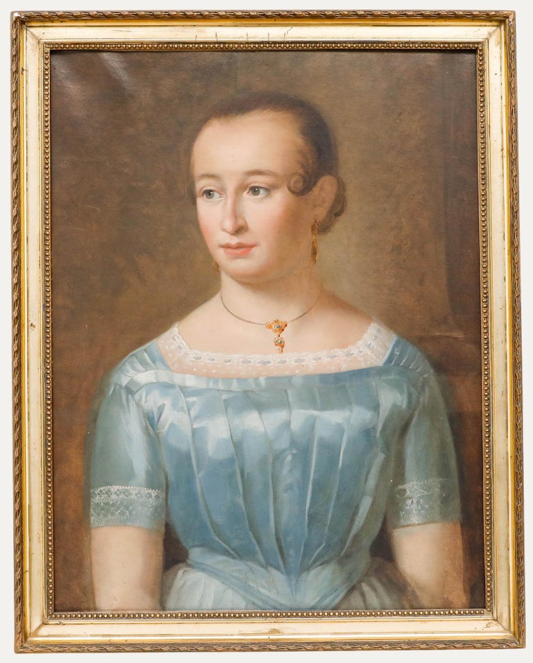 Unknown - 19th Century Oil - Portrait of a Lady in a Blue Dress For Sale at  1stDibs