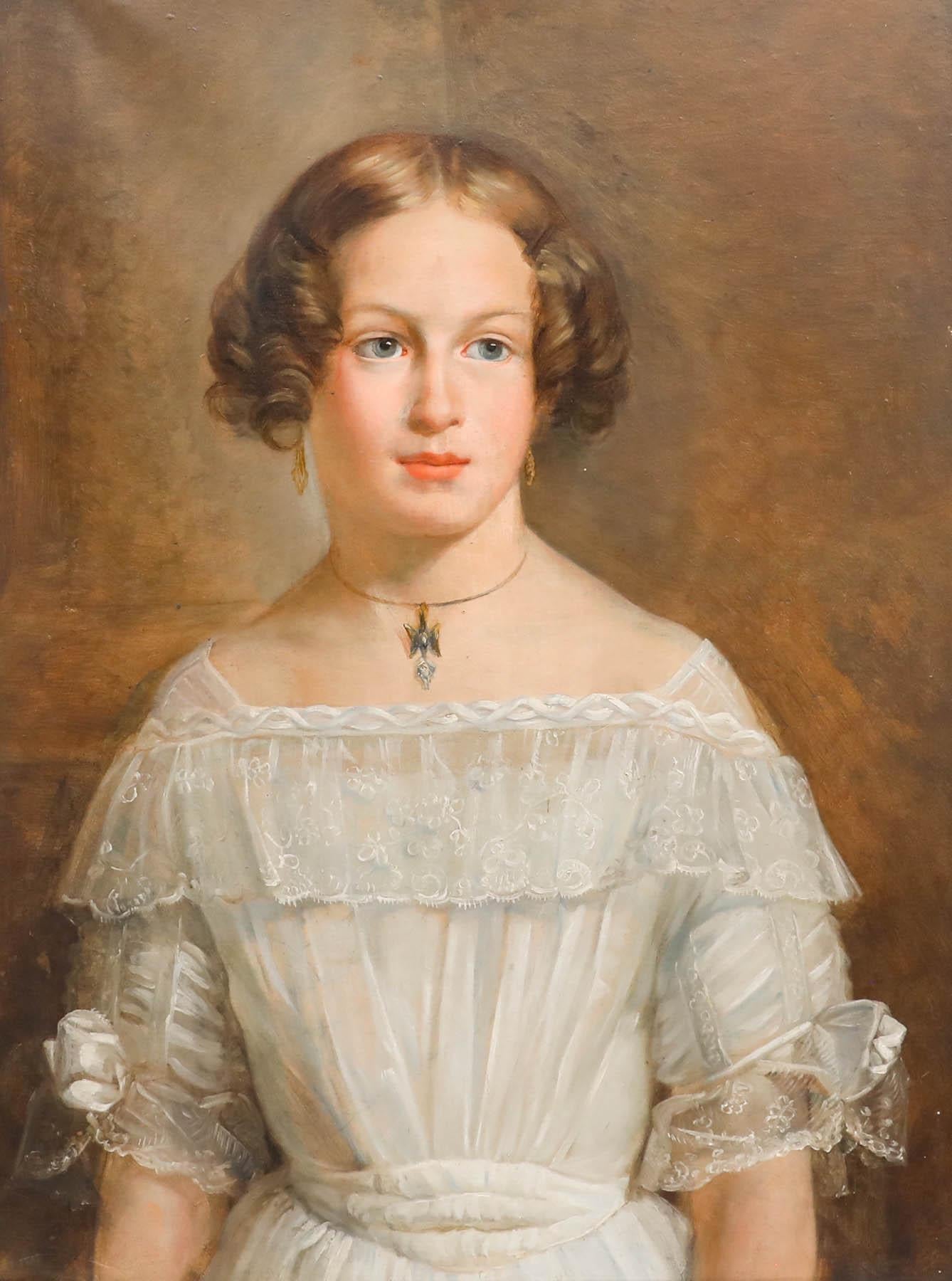 19th Century Oil - Portrait of a Lady in a White Dress - Painting by Unknown