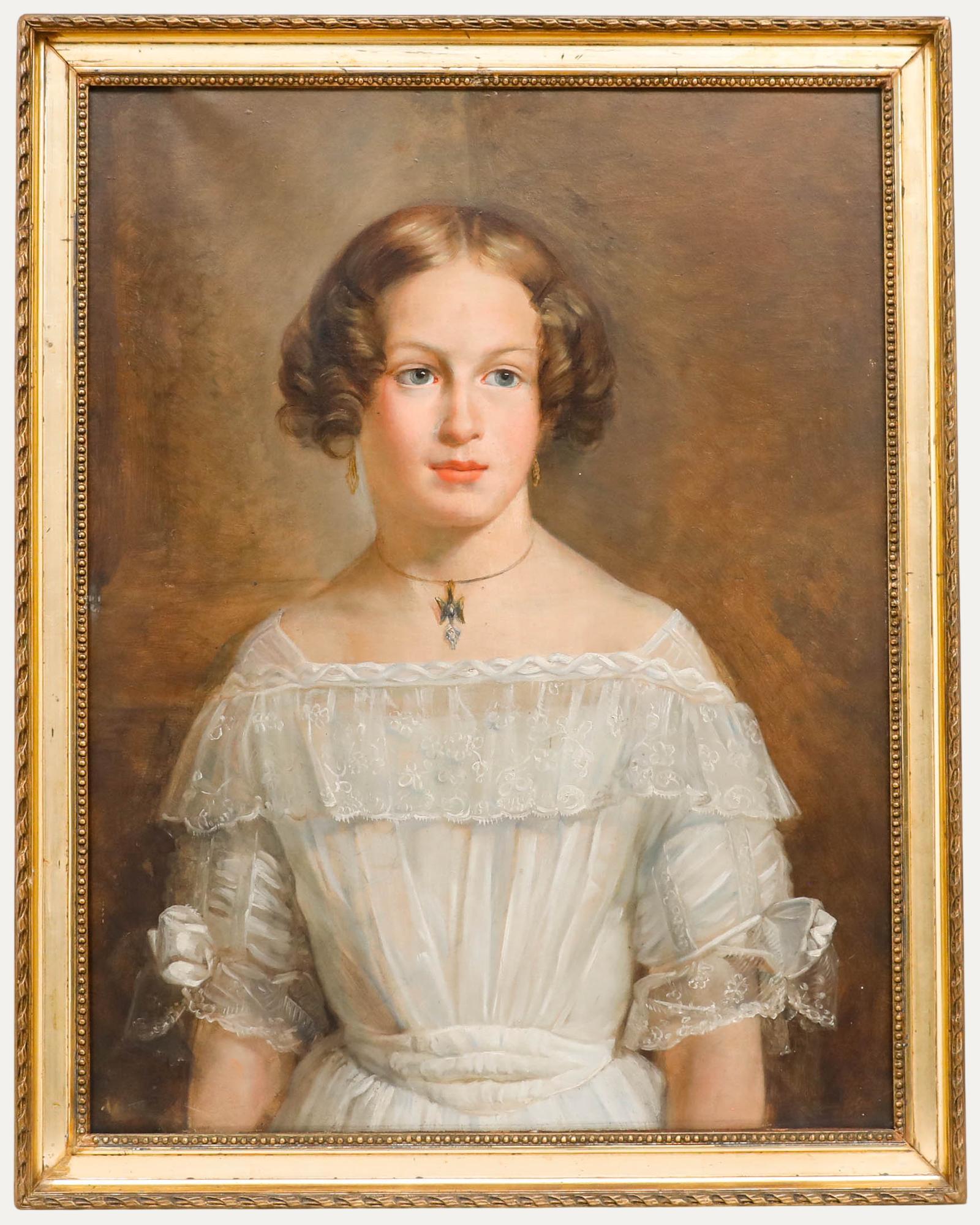 Unknown Portrait Painting - 19th Century Oil - Portrait of a Lady in a White Dress