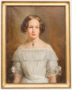 19th Century Oil - Portrait of a Lady in a White Dress