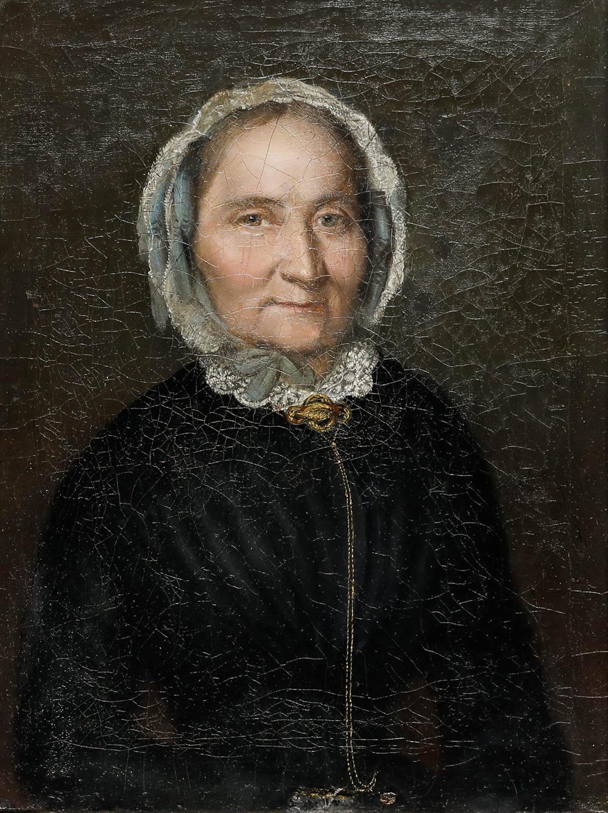 19th Century Oil - Portrait of a Lady with Lace Cap - Painting by Unknown