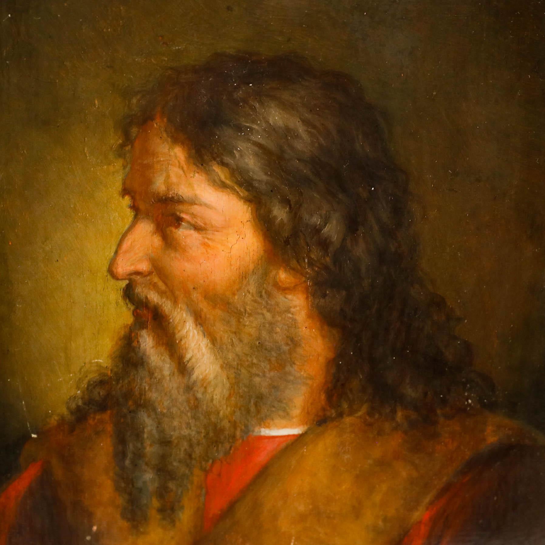 This painting features a profile portrait of a mature man with long hair and a full beard, set against a warm, shadowy background. The artist has skilfully captured the subject's weathered features and dignified bearing through expressive brushwork