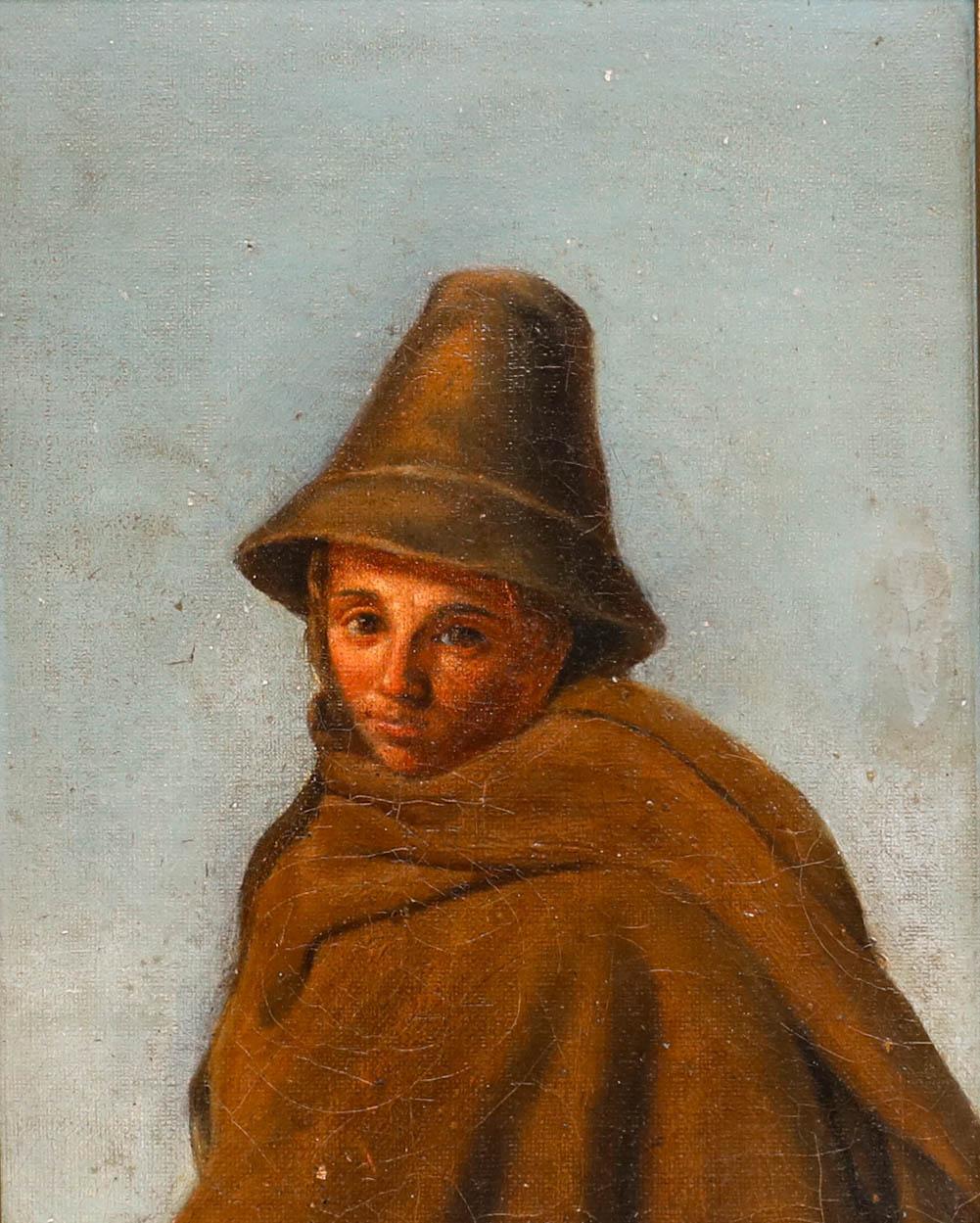 19th Century Oil - Portrait of Man with Hat - Painting by Unknown