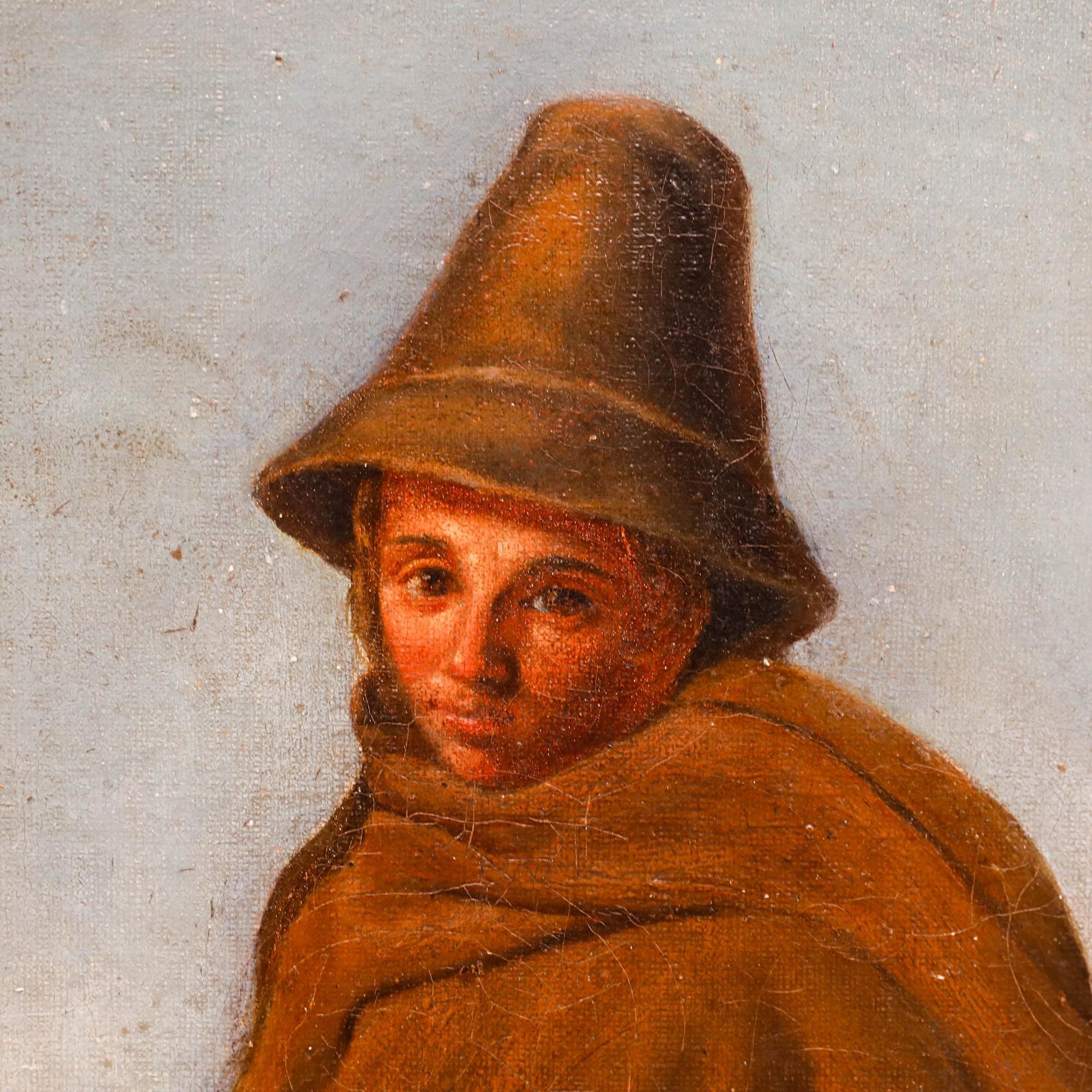 This wonderfully unusual portrait depicts a figure wearing a distinctive brown hat and matching cloak. He is rendered with warm earth tones and set against a contrasting turquoise sky. The composition focuses on the subject's gentle, contemplative