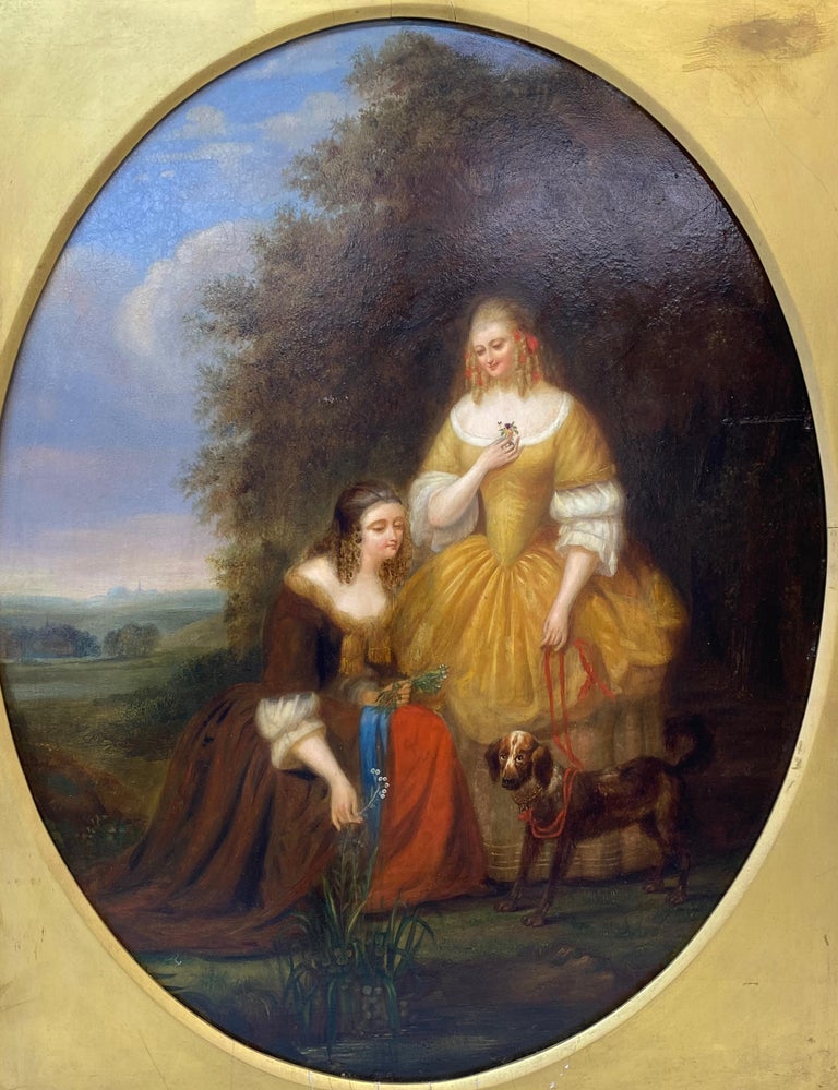 19th Century Oil Portrait of Two Sisters With Their Dog c.1870 - Painting by Unknown