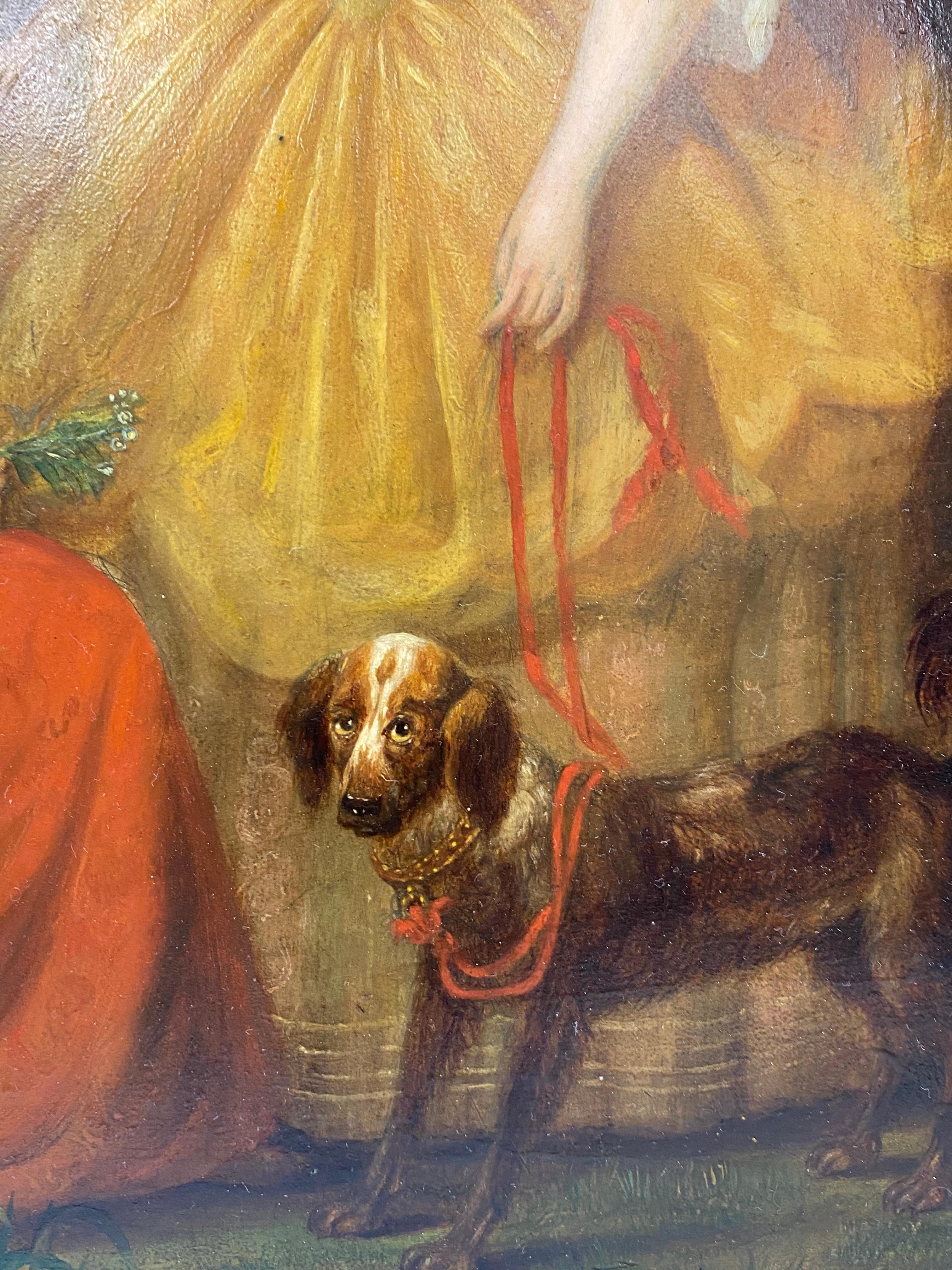 Portrait à l'huile du 19e siècle représentant deux sœurs avec leur chien, vers 1870 - Marron Portrait Painting par Unknown