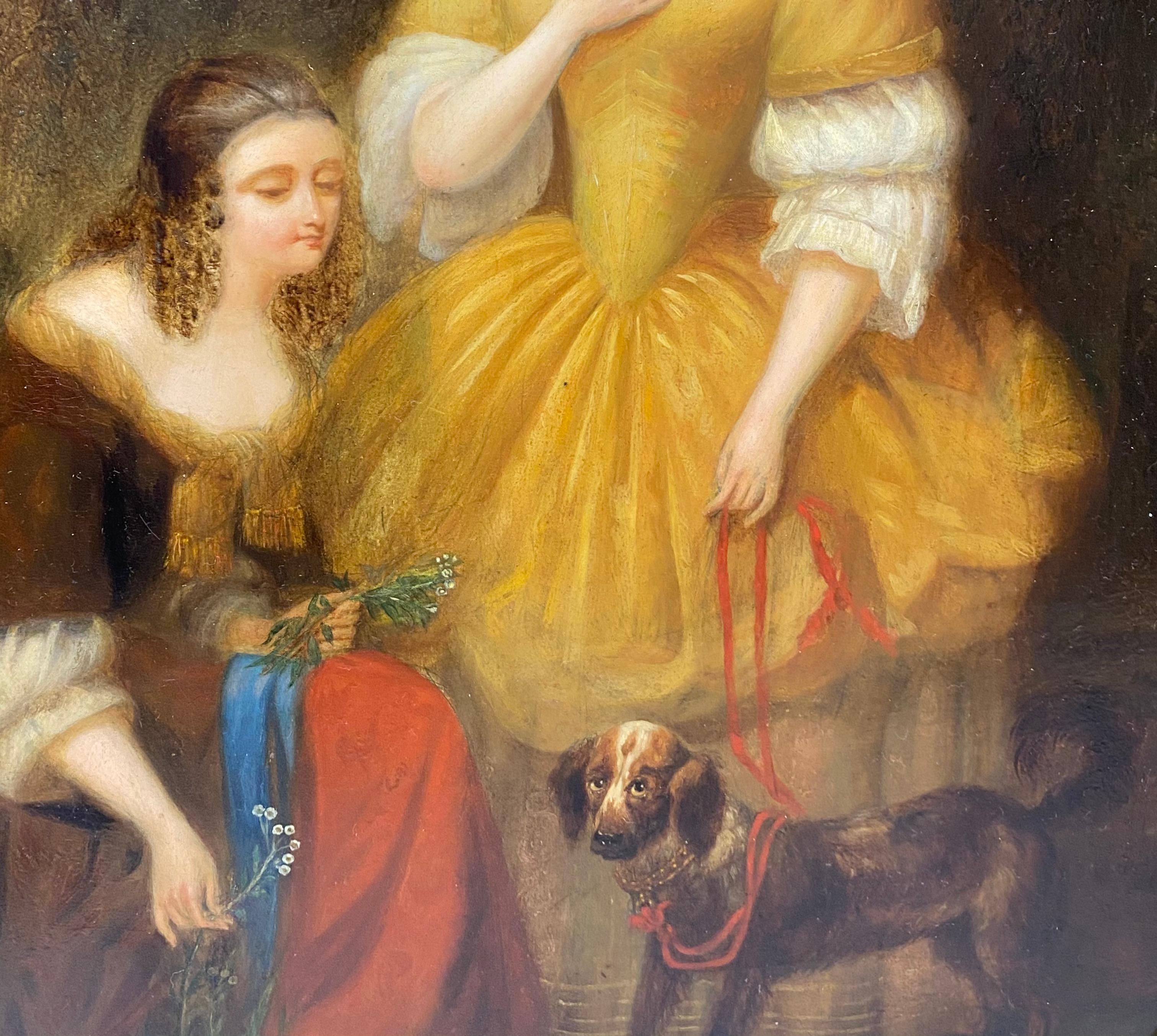 Portrait à l'huile du 19e siècle représentant deux sœurs avec leur chien, vers 1870 en vente 1