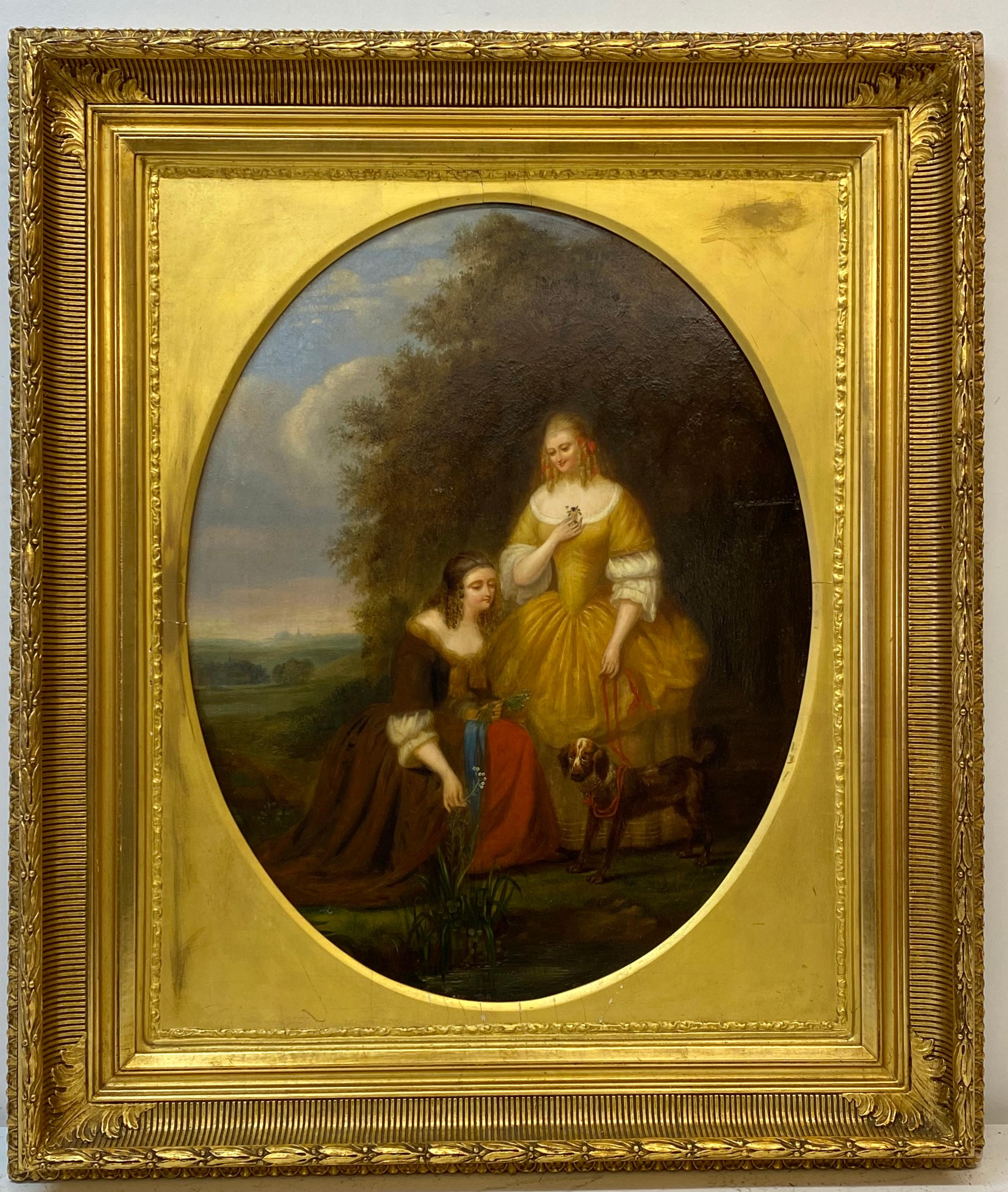 19th Century Oil Portrait of Two Sisters With Their Dog c.1870