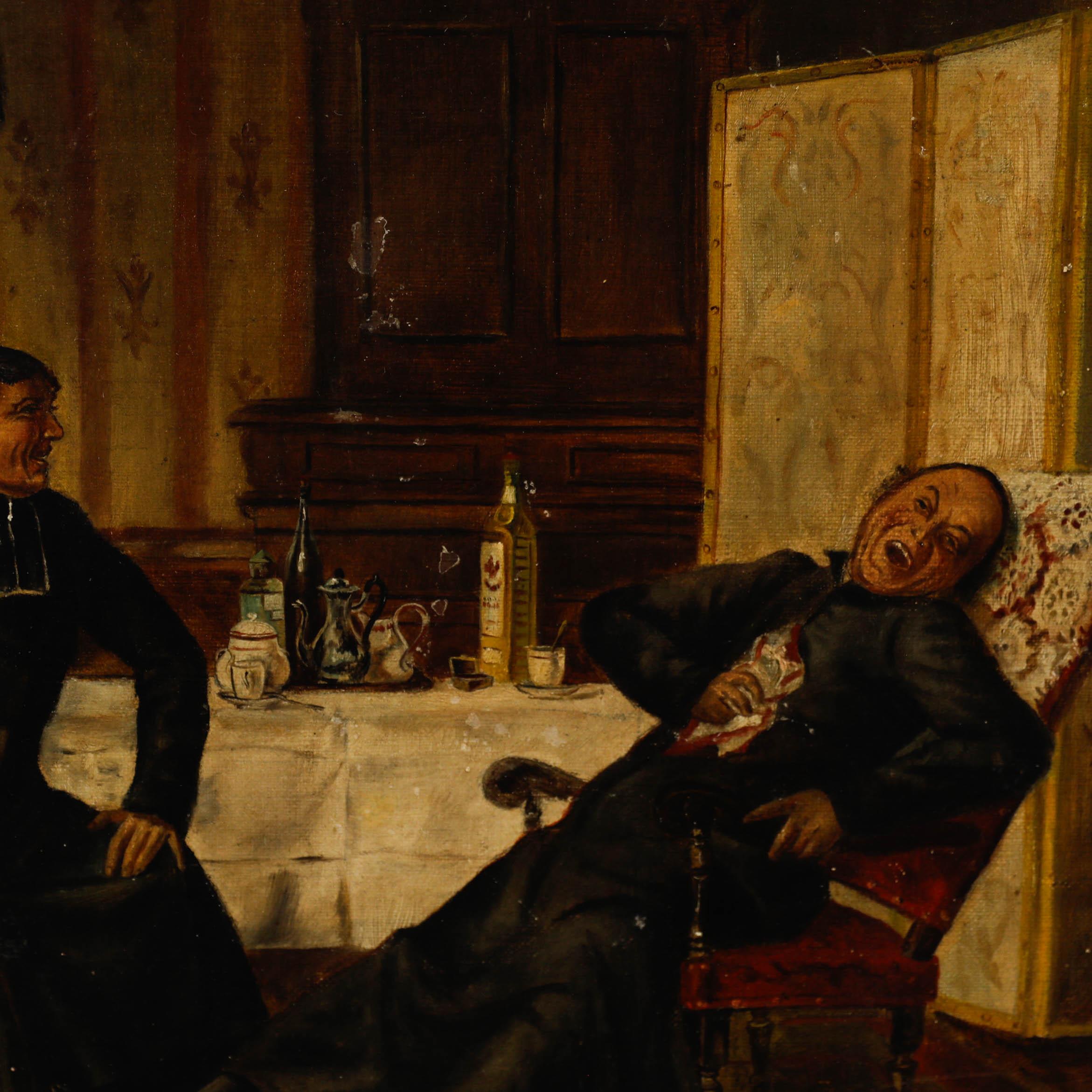 Questa scena intima ritrae due ecclesiastici in un interno, uno seduto in posizione eretta mentre l'altro reclinato ride in modo incontrollato. Senza segno. Presentato in una cornice dorata con dettagli traforati. Su tela. 