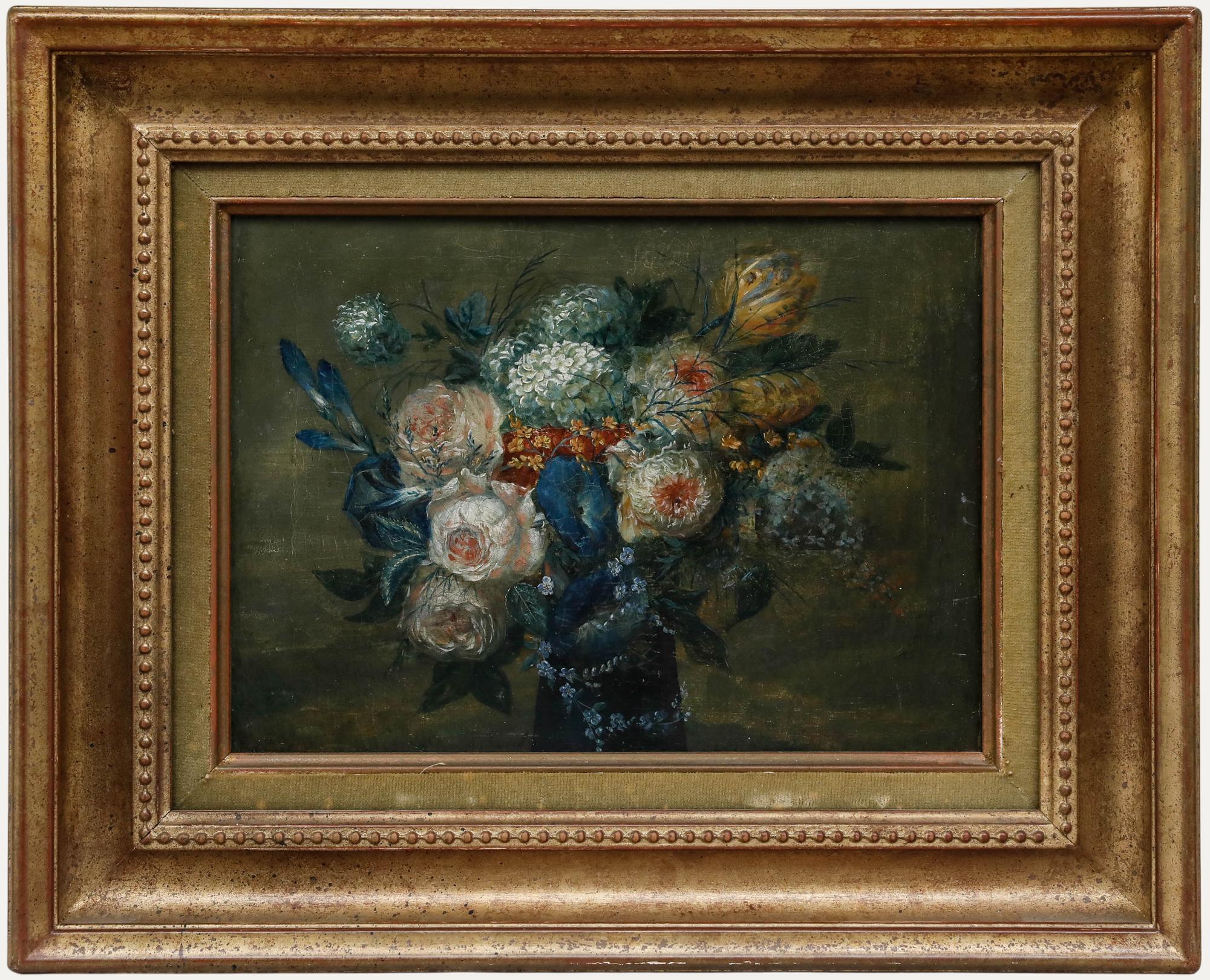 Unknown Still-Life Painting - 19th Century Oil - Roses and Tulips