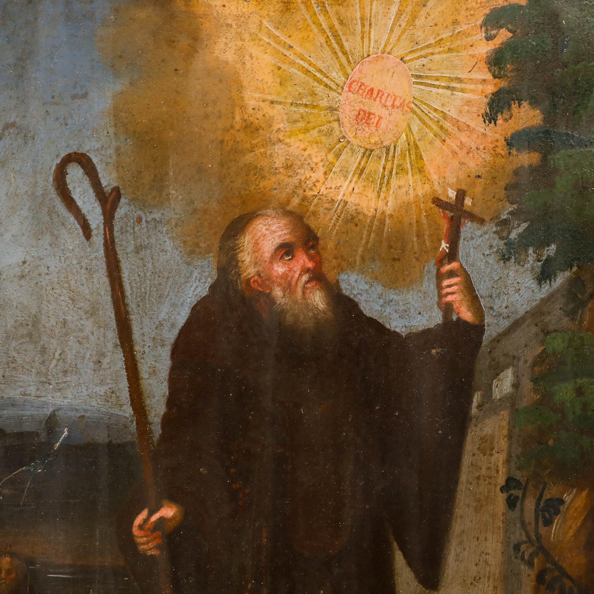 Esta composición de óleo sobre placa de metal representa a San Francisco de Paula, fundador de la Orden de los Mínimos. Sus enseñanzas hacían hincapié en la penitencia, la caridad y la humildad. Inscrito en el margen inferior. Presentado en un marco