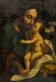 19th Century Oil - Saint Joseph with the Baby Jesus
