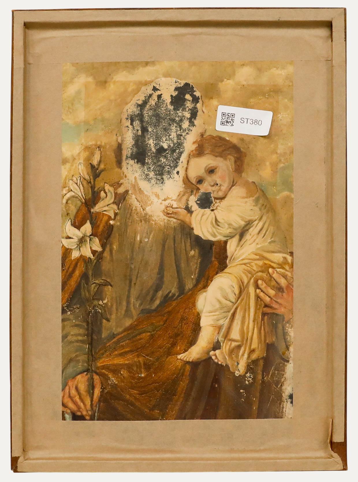 Óleo del siglo XIX - San José con el Niño Jesús - Figurative Painting Marrón de Unknown