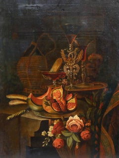 19th Century Oil - Still Life with Fruit and Wine