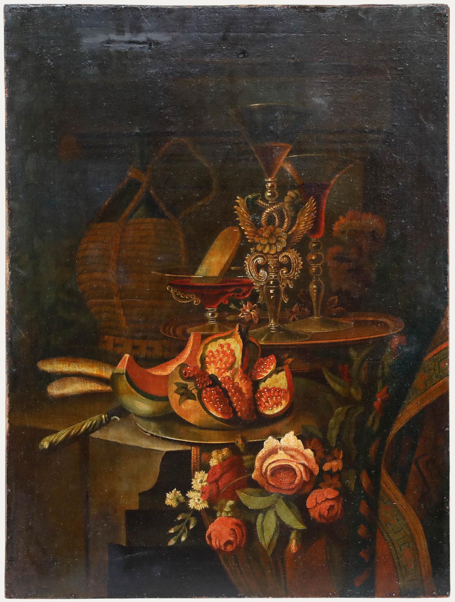 Öl des 19. Jahrhunderts - Stillleben mit Obst und Wein