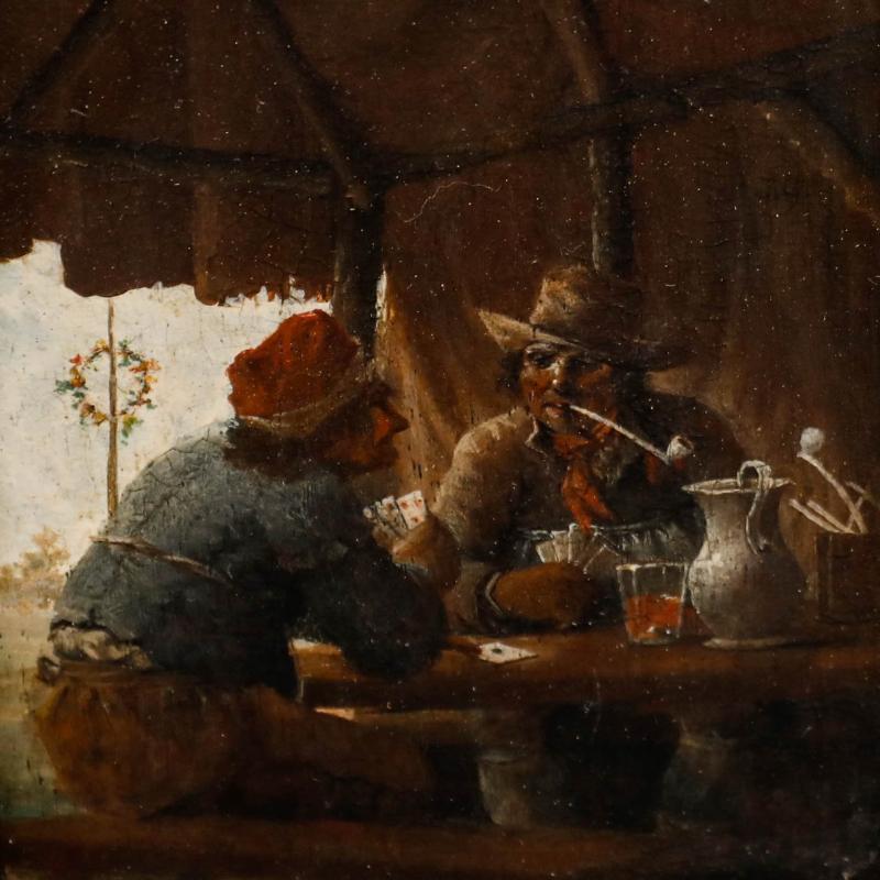 Huile du 19e siècle - Scène de taverne - Marron Figurative Painting par Unknown