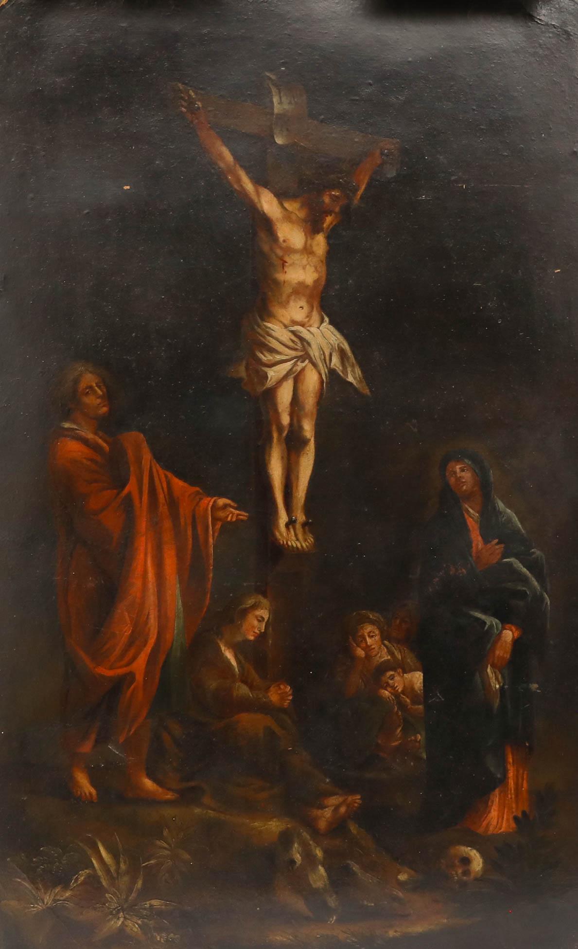 Unknown Figurative Painting – Ölgemälde des 19. Jahrhunderts – Die Kreuzigung