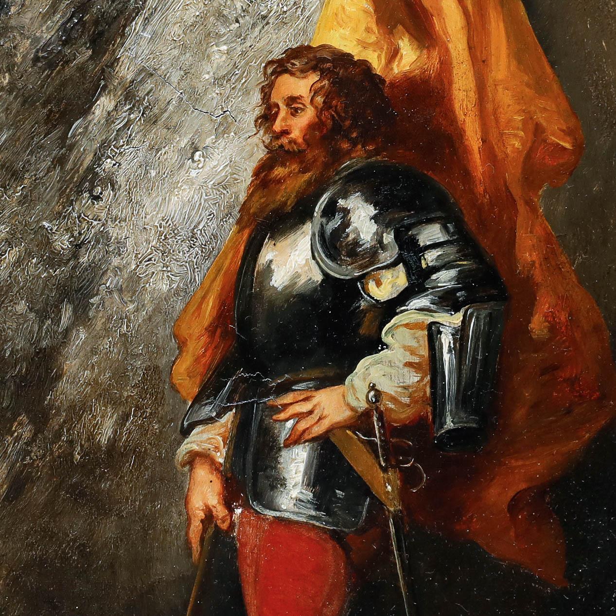 This dramatic oil painting portrays a handsome bearded man. He stands holding a flagpole, his bright red trousers creating a striking contrast against his gleaming armour. The composition employs rich chiaroscuro lighting, illuminating the metallic