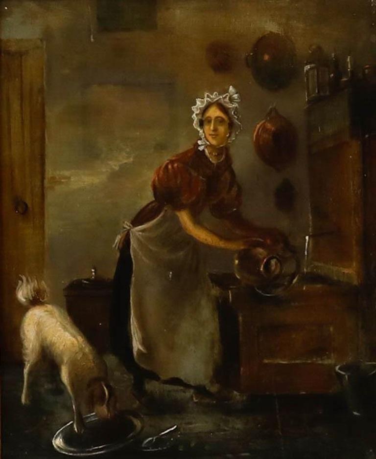 Ölgemälde des 19. Jahrhunderts – Die Jungfrau und der Hund – Painting von Unknown