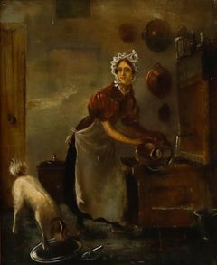Óleo del siglo XIX - La criada y el perro