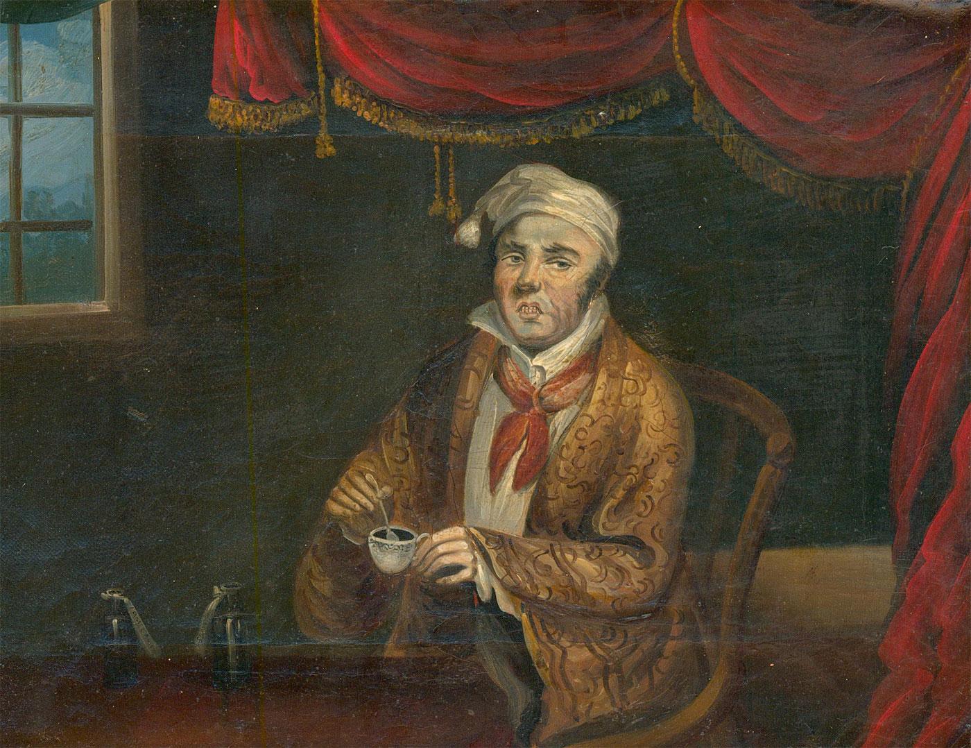 A charismatic interior scene depicting a gentleman nursing a cup of tea while still in his nightcap. The painting is a pair to a similar scene in which the man can be seen drinking into the night. The artist captures the man in his long night robes