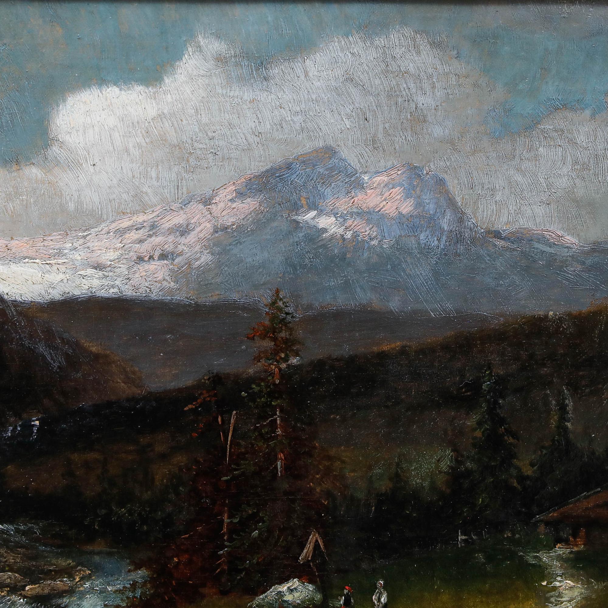 Zwei Gestalten stehen auf einer Lichtung am Ufer eines rauschenden Flusses, überwältigt von der gewaltigen Berglandschaft, die sie umgibt. Das Dämmerlicht taucht den Schnee auf den fernen Gipfeln in ein sanftes rosa Licht. Undeutlich signiert unten
