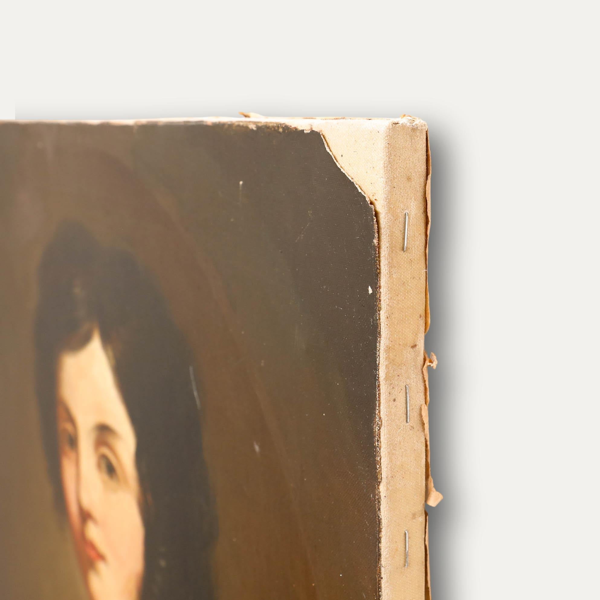 This charming portrait showcases a figure in rich, warm tones against a dark background, creating a striking contrast. The subject is depicted wearing elegant clothing with a ruffled collar and holding a book.

Unsigned. On canvas. 