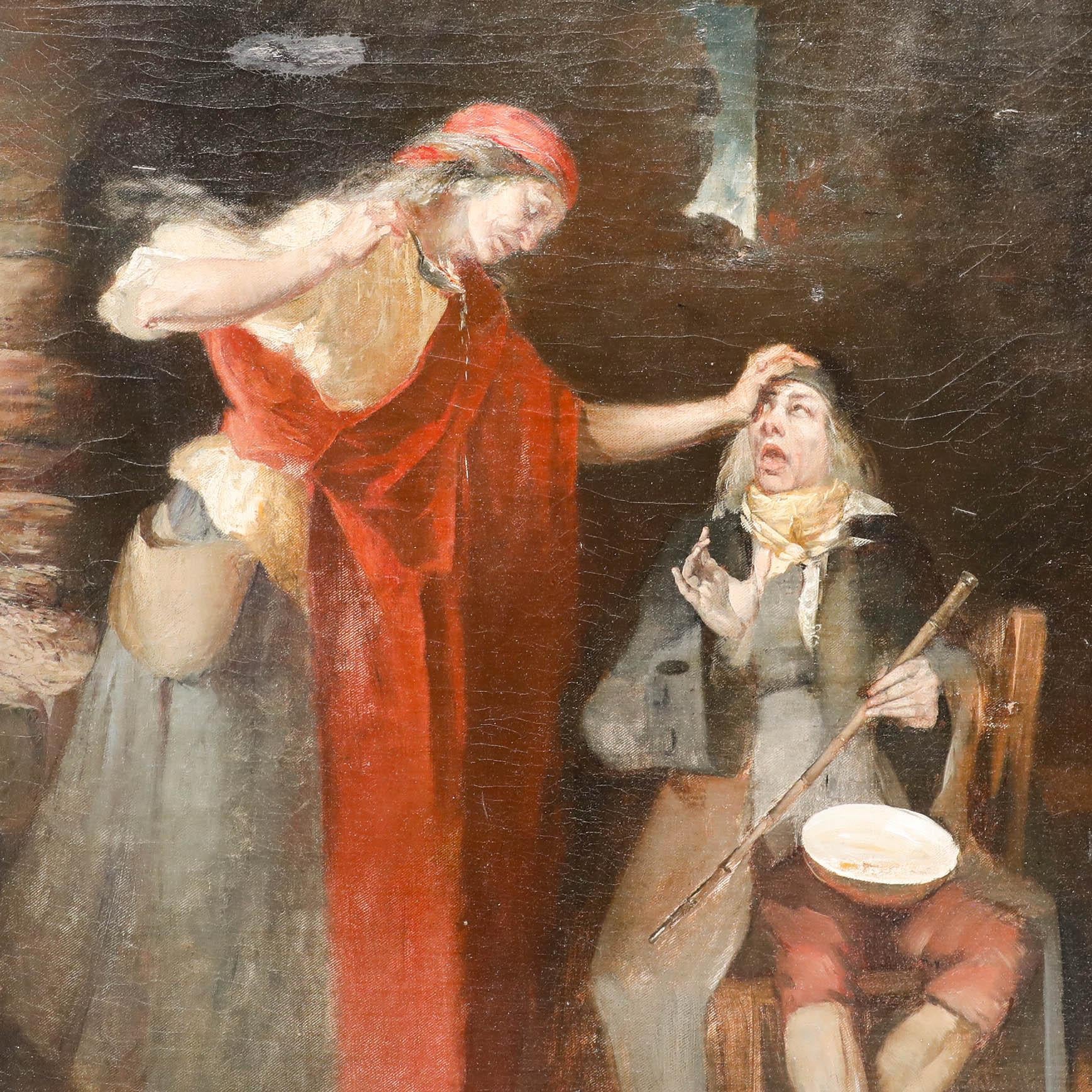 This intimate domestic scene depicts a woman in a red dress and white cap tending to a seated elderly man who struggled against her forceful nature.

Unsigned. On canvas. 