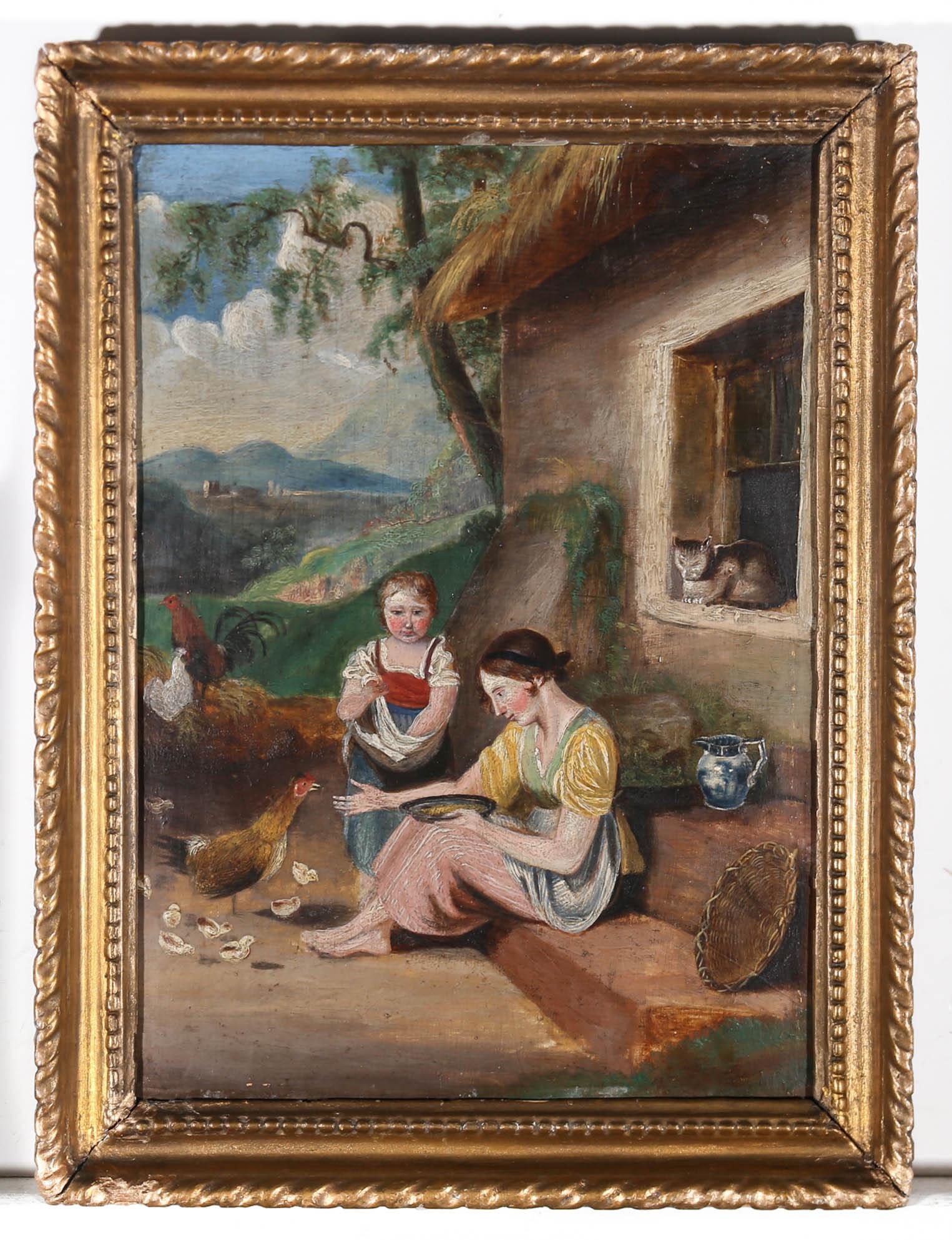 A charming 19th Century naive style scene in oil, showing a young child and her older sister feeding the chickens outside their rustic farm cottage. A cat dozes in the window and a blue and white china pitcher and wicker basket add domestic touches