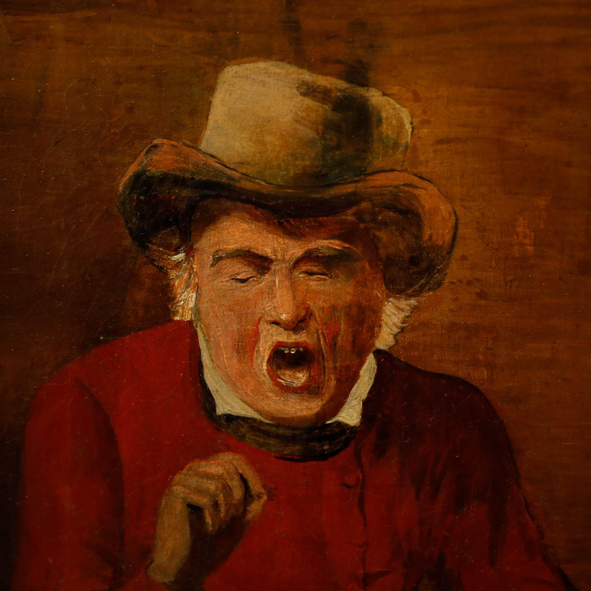 Cette peinture à l'huile vibrante représente un personnage vêtu d'une veste rouge et d'un chapeau à larges bords, pris dans un moment d'expression animée alors qu'il prend du tabac à priser dans une boîte. Non signée. Présenté dans un cadre