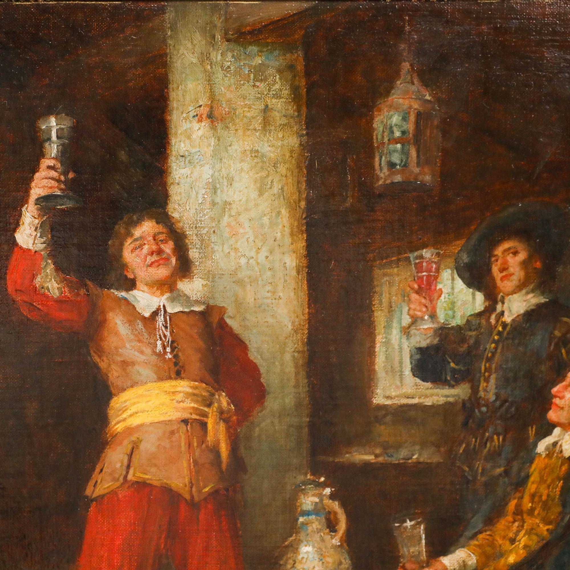 Eine charmante Darstellung von drei Herren in Musketieruniform, die einen Toast aussprechen. Der Künstler fängt ihre leuchtenden Uniformen im Kontrast zu den dunklen Schatten des Taverneninneren ein. Signiert unten rechts. Gut präsentiert in einem