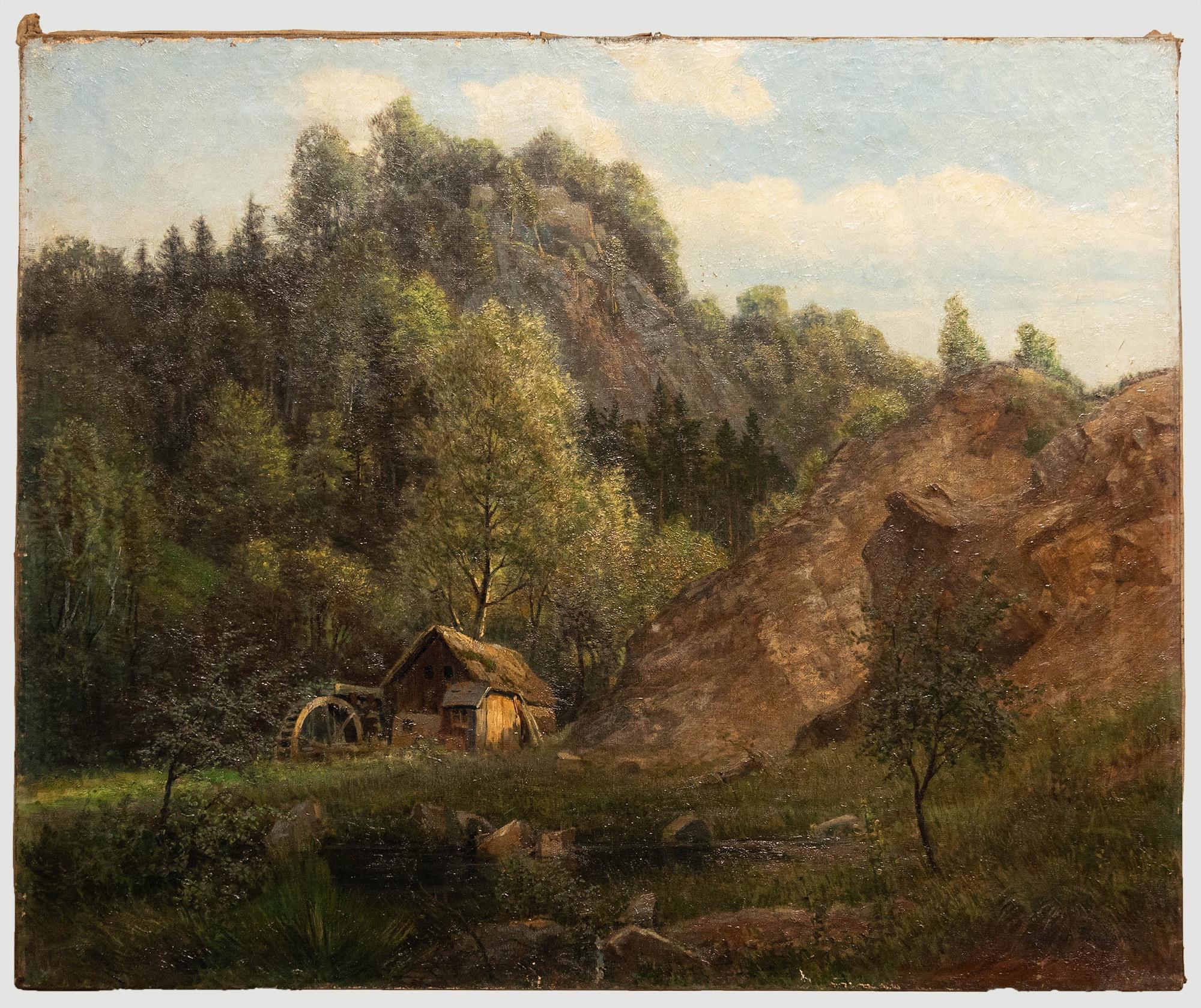 Landscape Painting de Unknown - Óleo del siglo XIX - El molino de agua