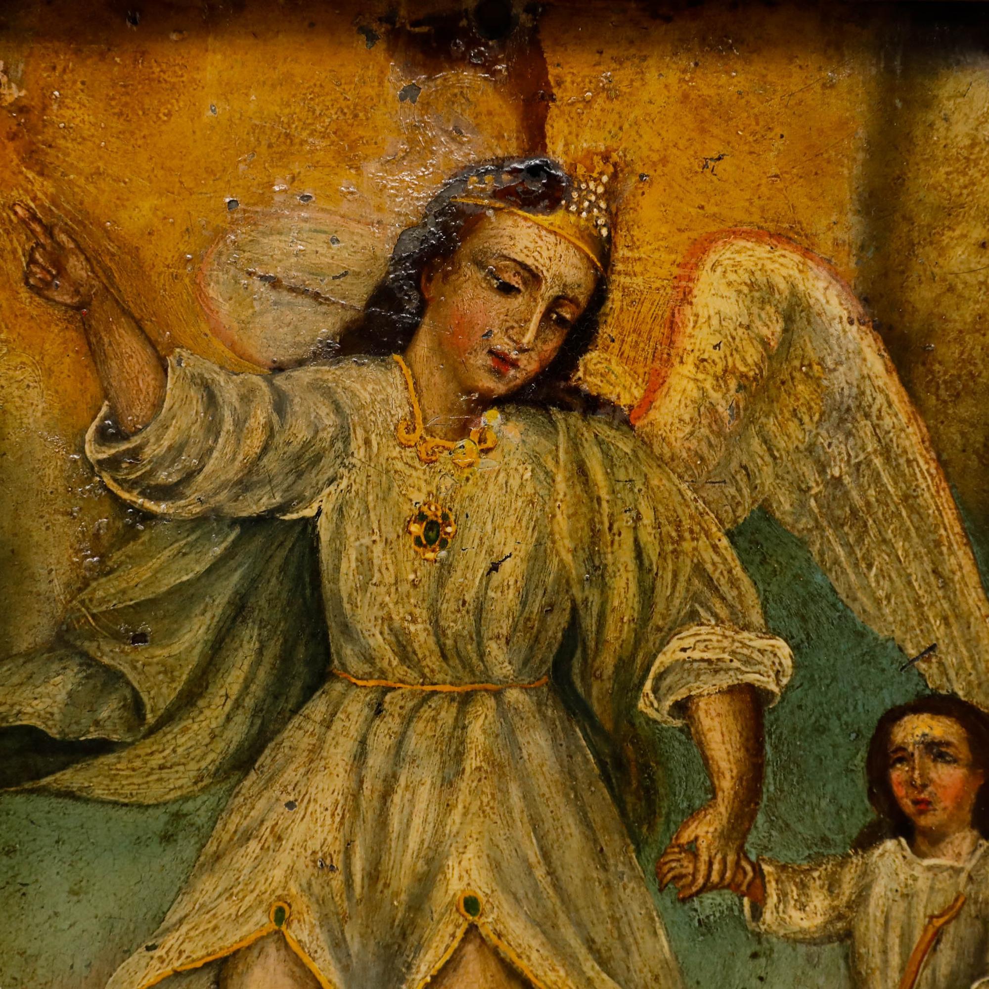 Une charmante huile du XIXe siècle représentant l'histoire de l'archange Raphael et de Tobias. Tobias, guidé par l'ange Raphael, voyage pour guérir la cécité de son père. Non signée. Bien présenté dans un cadre en bois mince. En boîte.