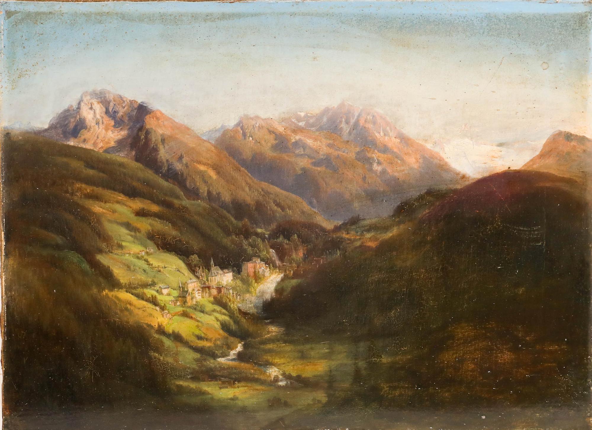 19th Century Oil - Village in the Alps - Painting by Unknown
