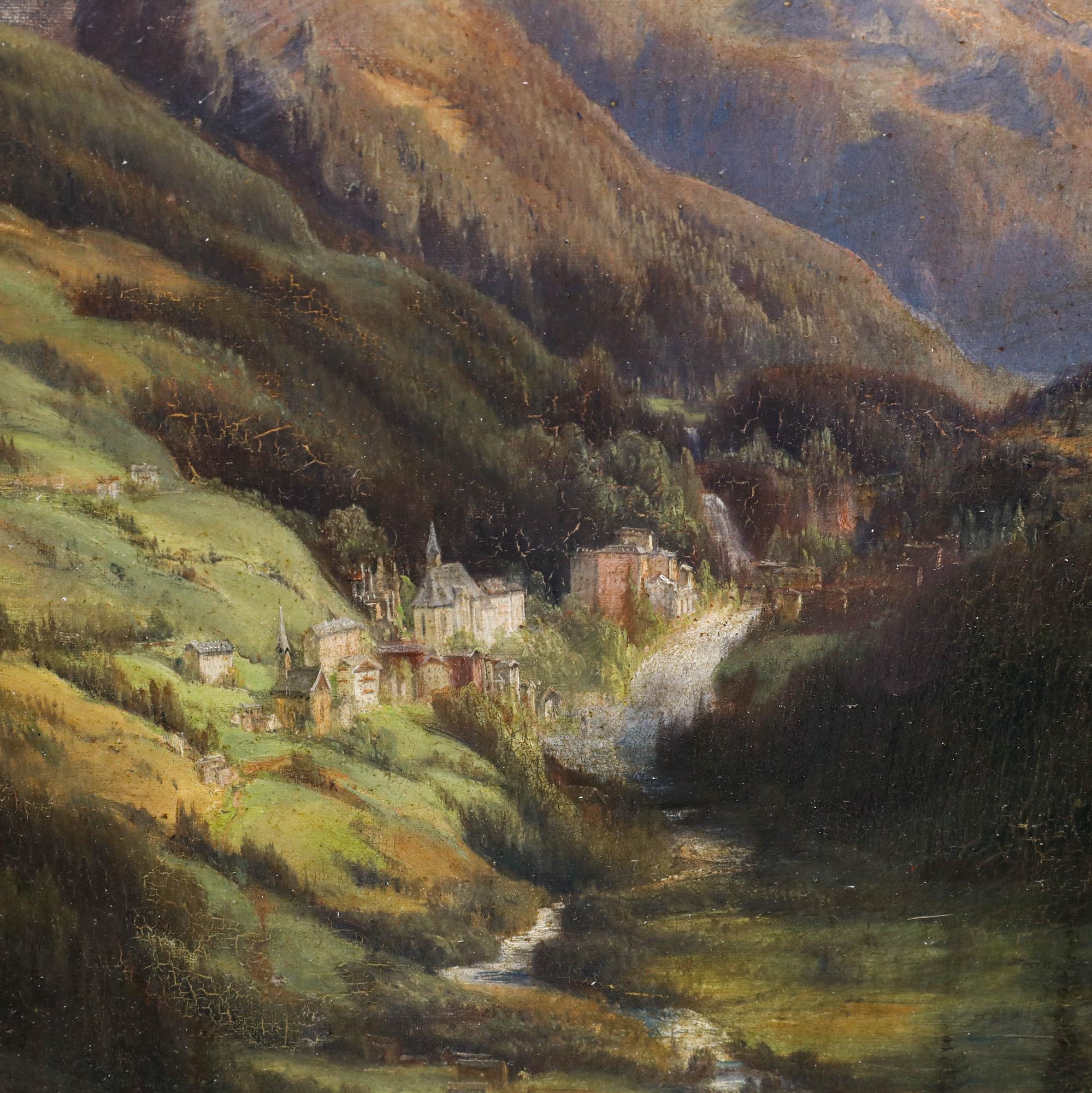 A charming 19th-century oil depicting an alpine landscape, with rugged peaks rising under a soft, hazy sky. In the distance, a quaint village is nestled in the valley. Signed illegibly to the lower right. This artwork was acquired with another by