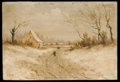 Óleo del siglo XIX - Caminando por la nieve