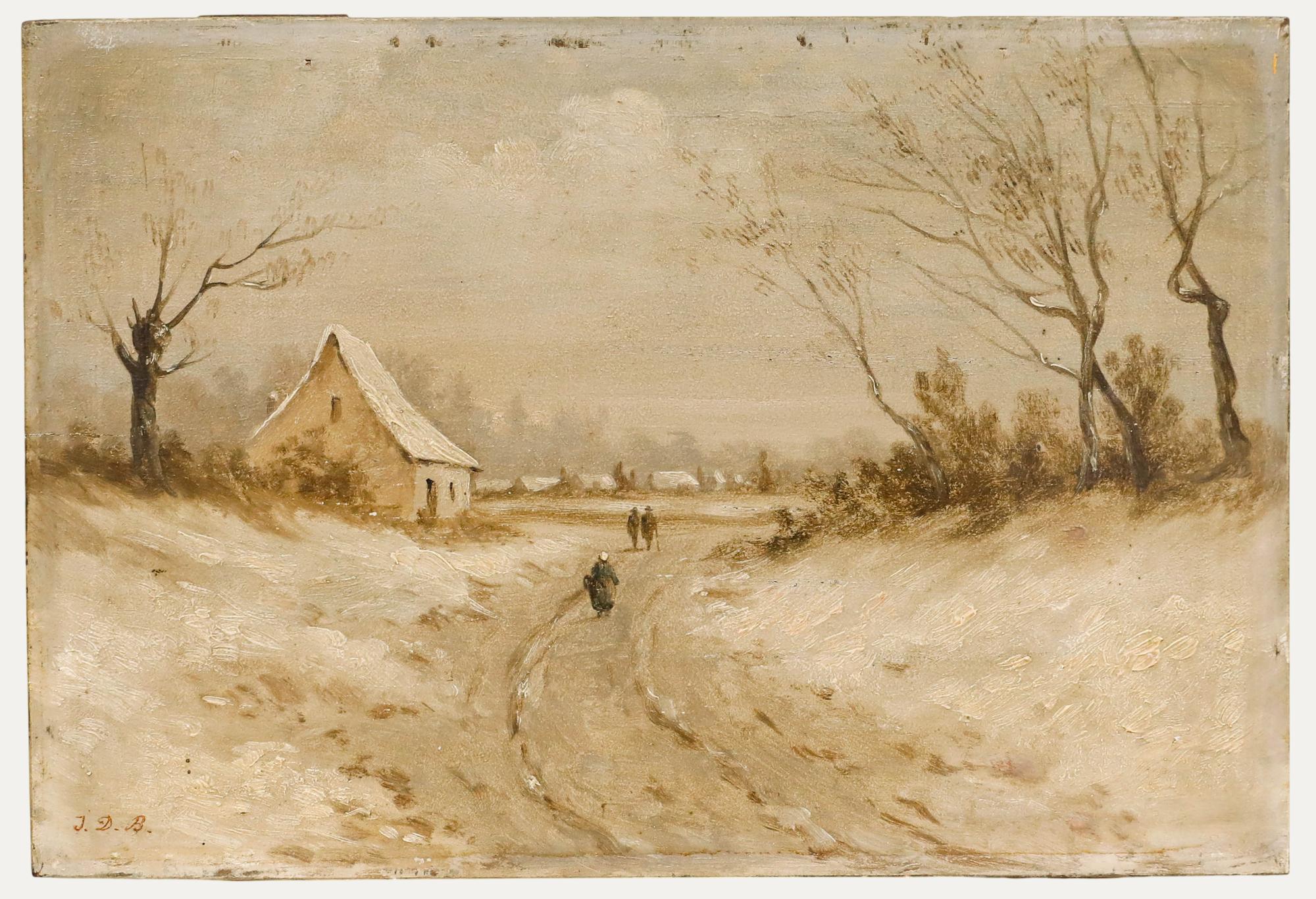 Öl aus dem 19. Jahrhundert - Spaziergang durch den Schnee